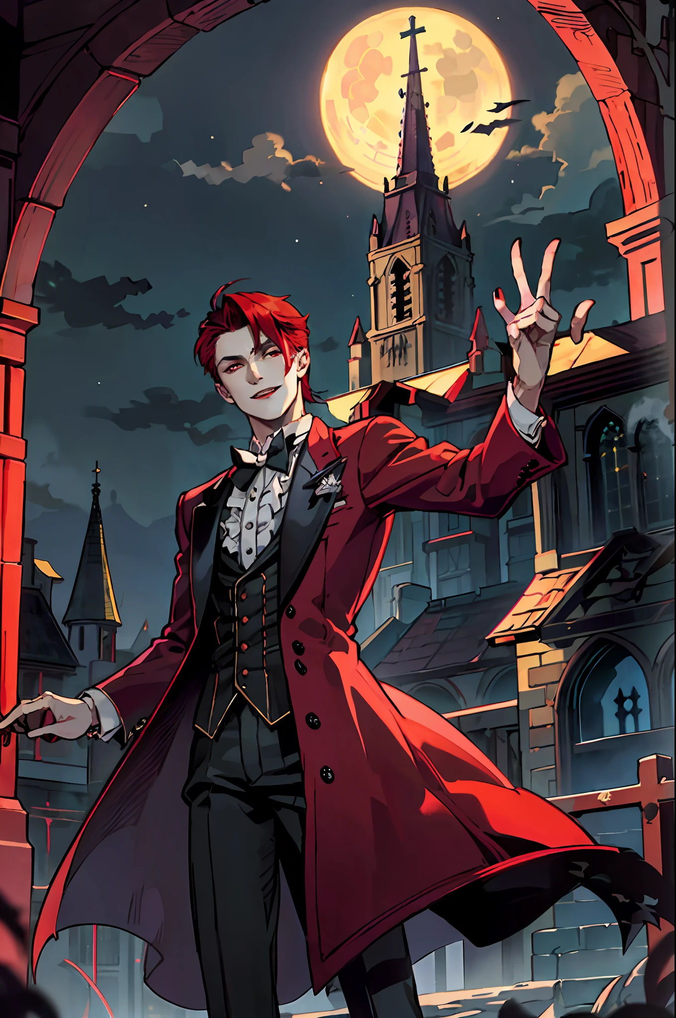 This is what a real Vampire looks like! Antique vampire clothes, elegant, gentlemanly. He is smiling friendly, his red hair is vivid, his red eyes shine against his perfect skin. In the background a purple church window, with moonlight reflecting behind. All this is in a beautiful and dark light, which makes it look amazing。 (High quality: 1.2, Church at night: 1.5, Antique Vampire Clothing: 1.4) (((At night))) (Provocative light, mysterious darkness)