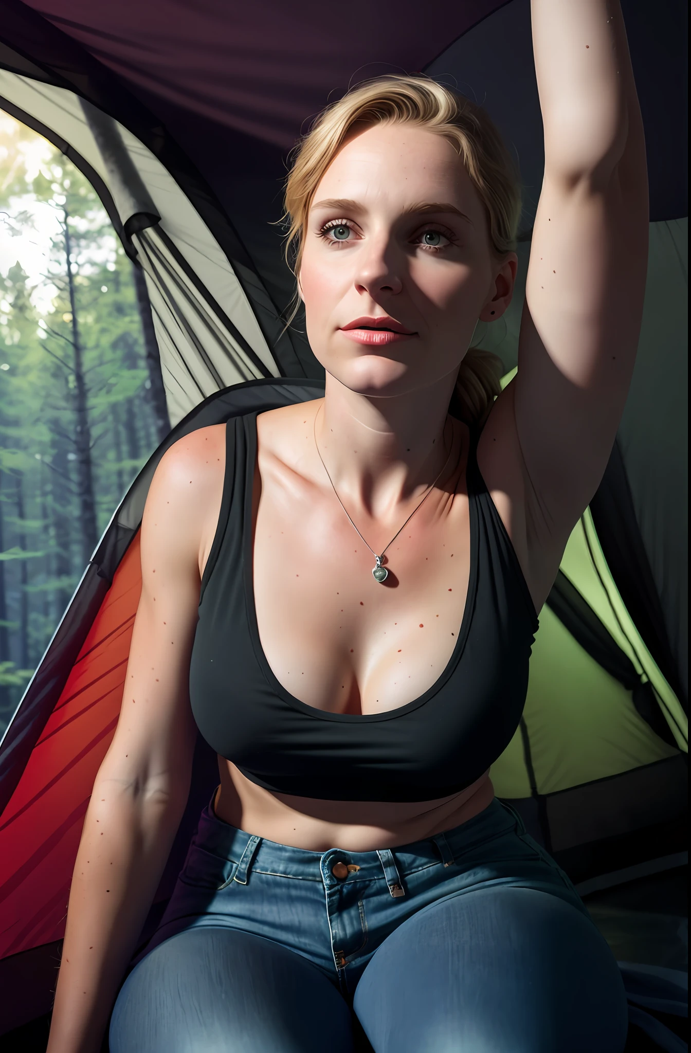 35-years-old woman, ((sitting in a camping tent, in the dark woods)), (spooky forest), (Moon night) ((frightened face)), slim (show natural huge cleavage to viewer), (clothes: tank top and torn leggings), (shaved armpits, underarm by hands up), toned stomach, photorealistic, photography, masterpiece, realistic, realism, photorealism, high contrast, photorealistic digital art station 8k HD high definition details realistic, detail, skin texture, ultra detail, realistic skin texture, armature, best quality, ultra high definition, (photorealistic:1.4),, high resolution, detail, raw photo, sharp re, by Lee Jefferies Nikon D850 film stock photo 4 Kodak Portra 400 Camera F1.6 lens rich colors Ultra realistic textures Dramatic lighting Unreal Engine Trending at Art Station Cinestill 800