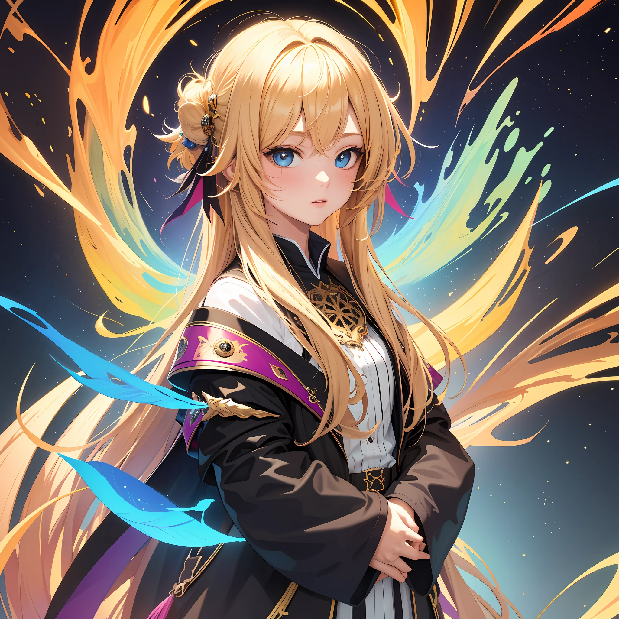 masterpiece, best quality, 1girl, fractal art, colorful, blonde hair,