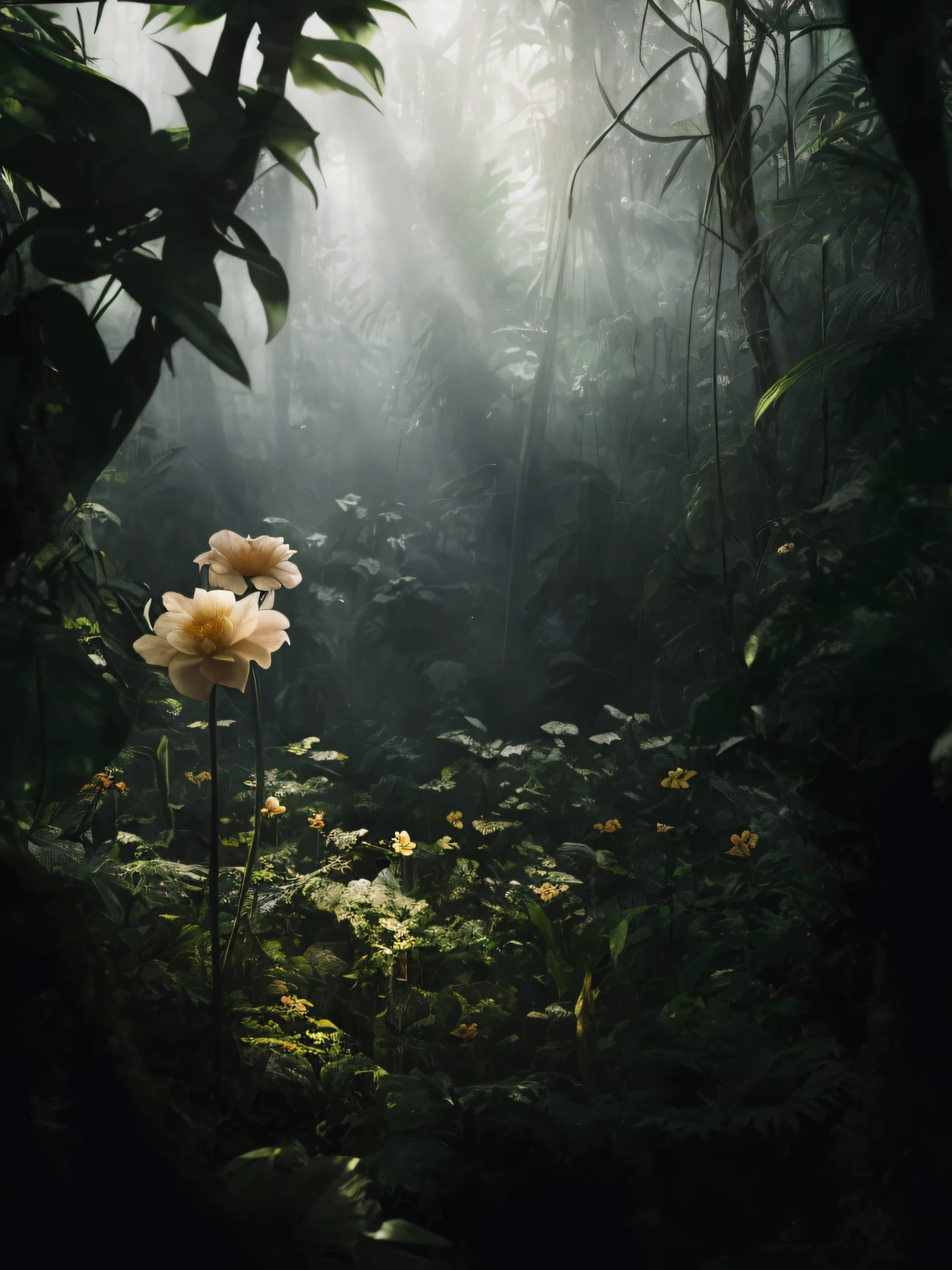 there is a flower that is in the middle of a forest, floral environment, deep jungle from another world, in the jungle. bloom, eerie jungle, a still of an ethereal, magical jungle, nature and floral aesthetics, beautiful jungle, inside an alien jungle, paul barson, fantasy jungle, on a jungle forest, in a magical forest, in a tropical forest