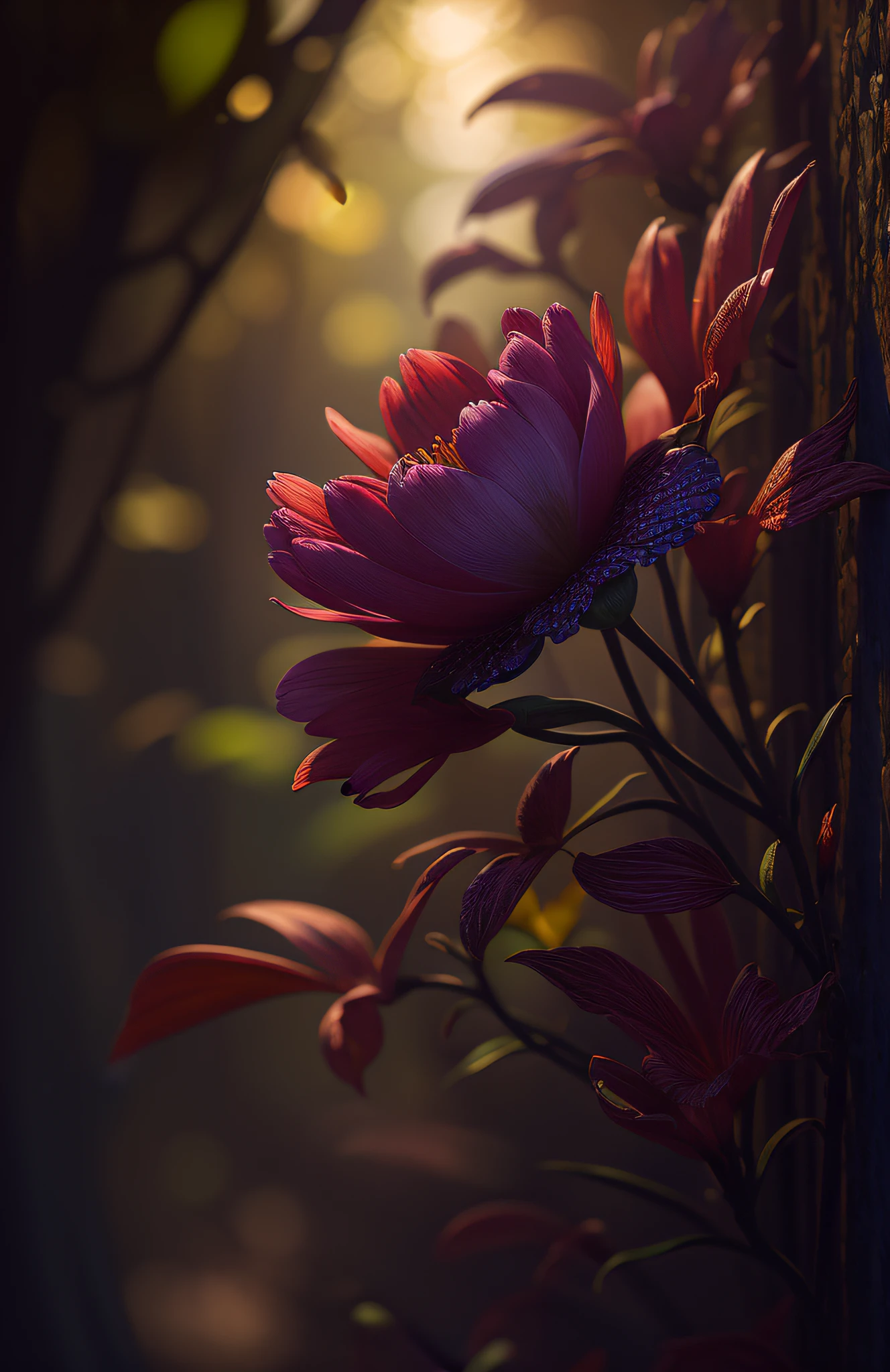 A flower by Casey Weldon, Olga Kvasha, Miho Hirano, hyperdetailed intricately detailed gothic art trending on Artstation triadic colors Unreal Engine 5 detailed matte painting, deep color, fantastical, intricate detail, splash screen, complementary colors, fantasy concept art, 8k resolution, gothic deviantart masterpiece, (dark shot:1.4), art by greg rutkowski and artgerm, soft cinematic light, adobe lightroom, photolab, hdr, intricate, highly detailed, (depth of field:1.4)