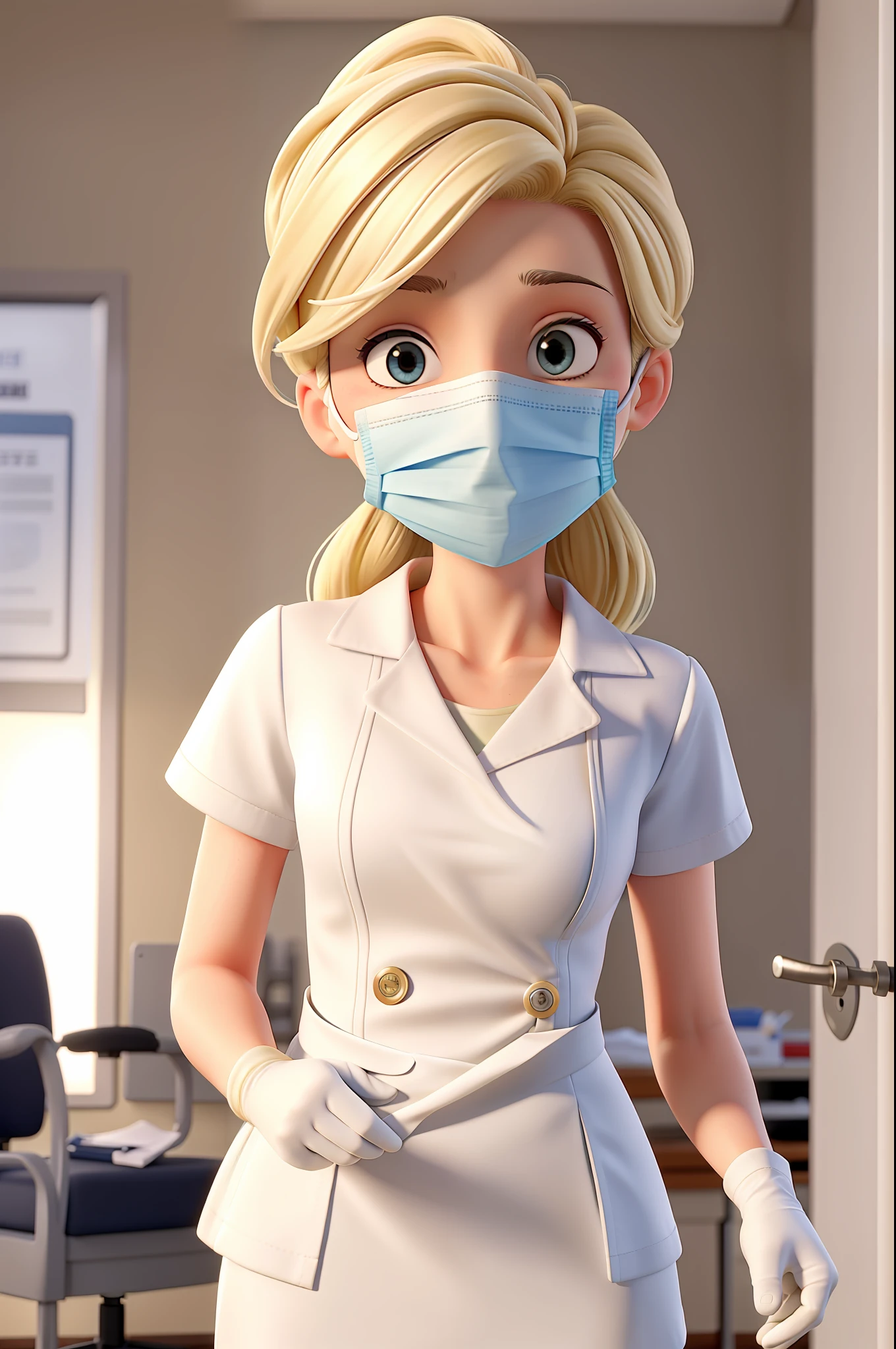 masterpiece, best quality, blonde Female nurse with a surgical mask putting on gloves at hospital, white nurse outfit