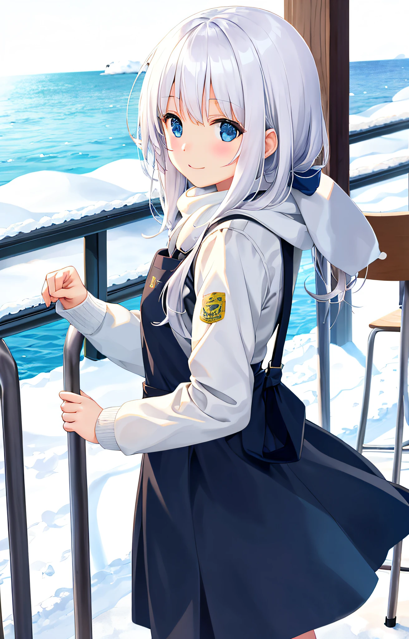 best quality, detailed background, girl, sea, cafeteria, snow, winter,