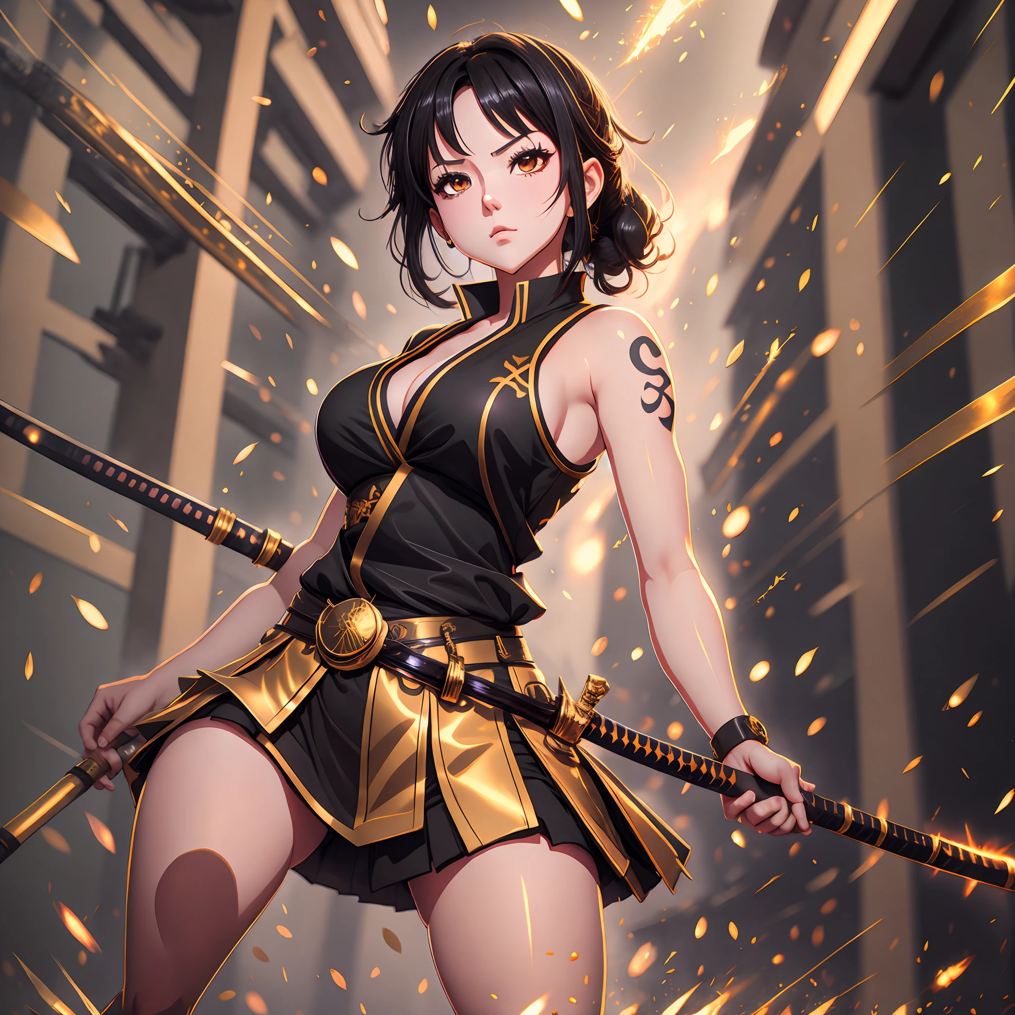 8k high definition, girl, anime, sleeveless blouse, short skirt, battle poze, black hair, golden eyes, katana. --auto --s2