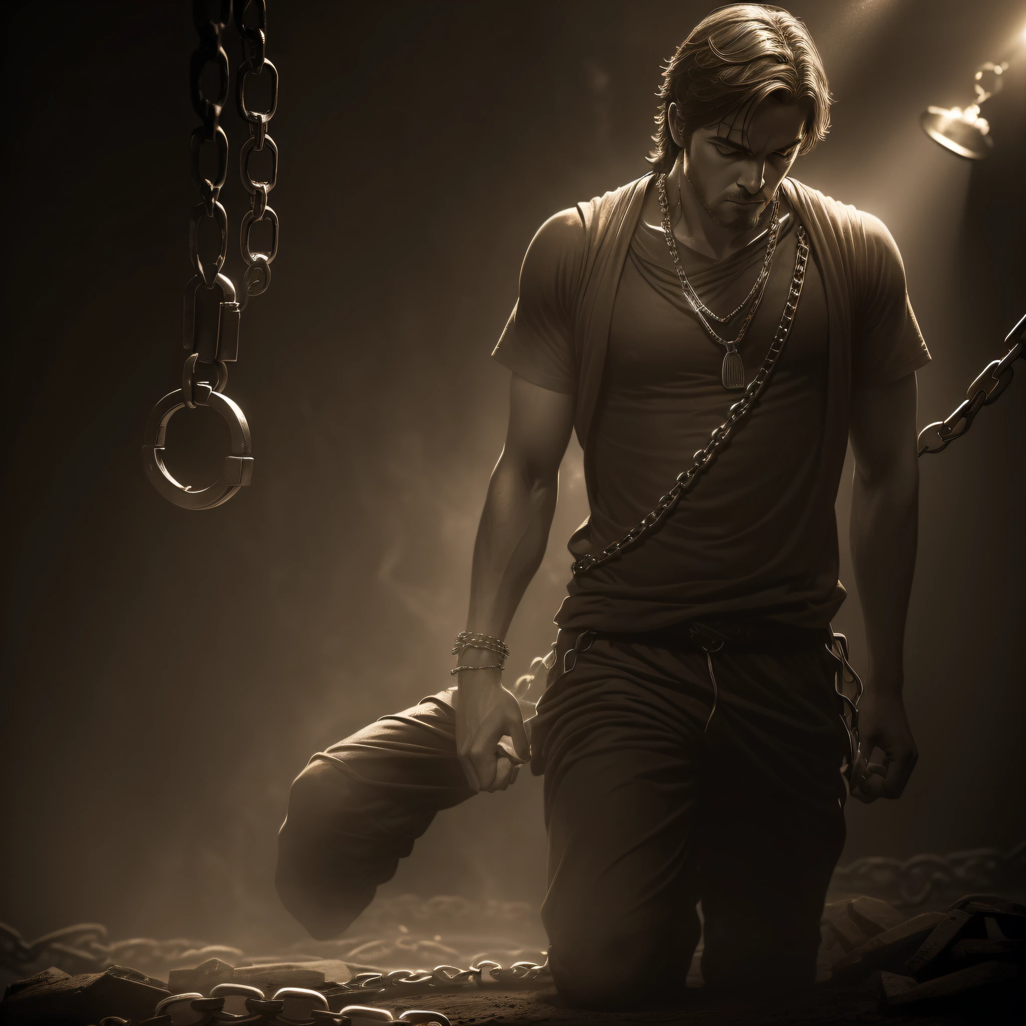((break free),(man breaking his chains),(dramatic lighting),(emphasize chains:1.2),(picture in sepia tone:1.05))