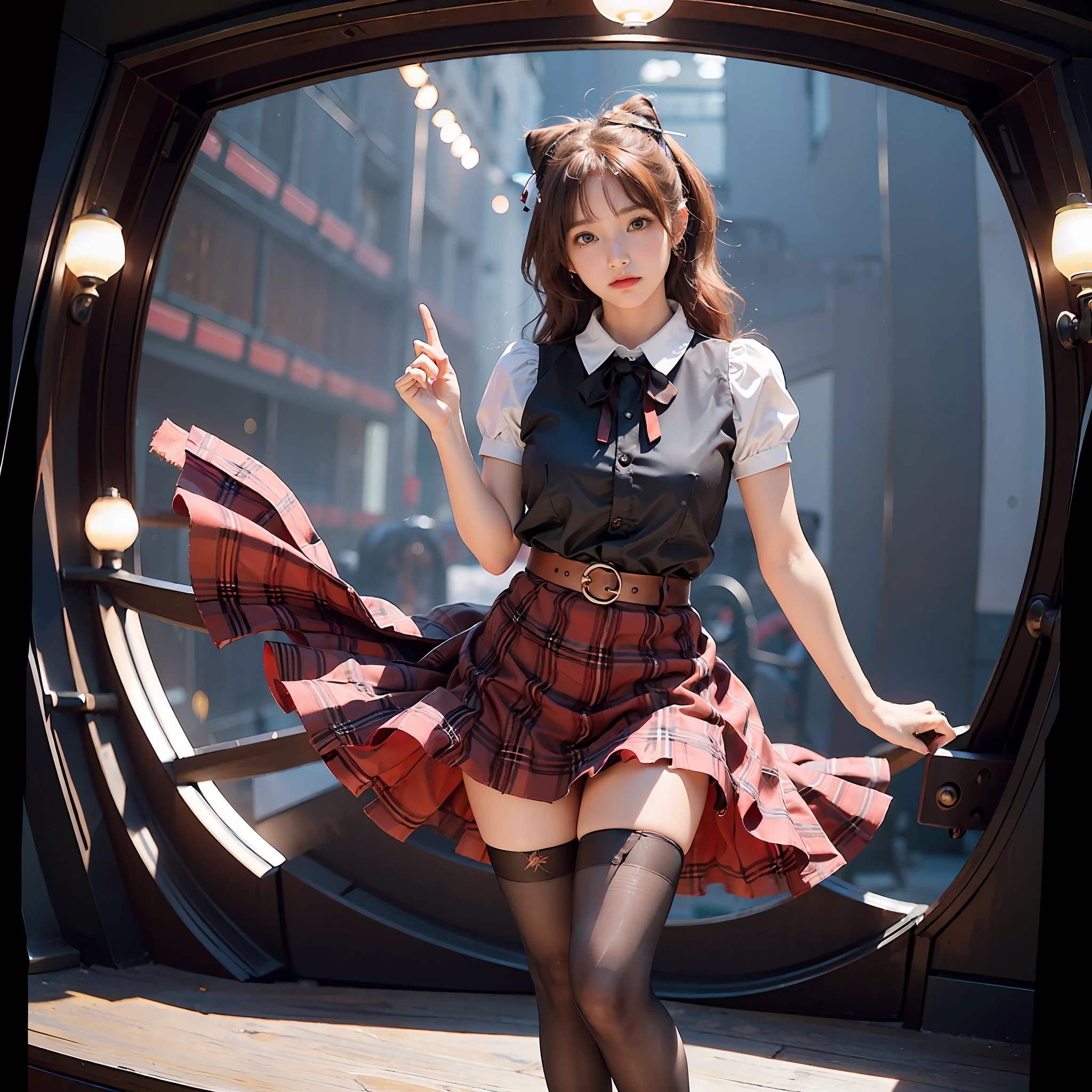 Circular image, (Masterpiece: 1.3), (Best Quality: 1.2), (Masterpiece), High Quality, High Definition, (SOLO: 1.4), (Round Image)), (Fisheye)), [(White background: 1.1): 5], [(Colorful Idol Stage: 1): 5], 16-year-old girl, cute, floating, [(School Festival Costume:1.2): 5] {1 girl}, {solo}, ((((Full body)), {{{5 fingers}}}, ((good anatomy: 1.2)), ((red)) half twin (reddish brown and (brown)), pantyhose, (random pose), watch viewer, fluffy miniskirt, plaid, ribbon, ((just cute)), no exposure