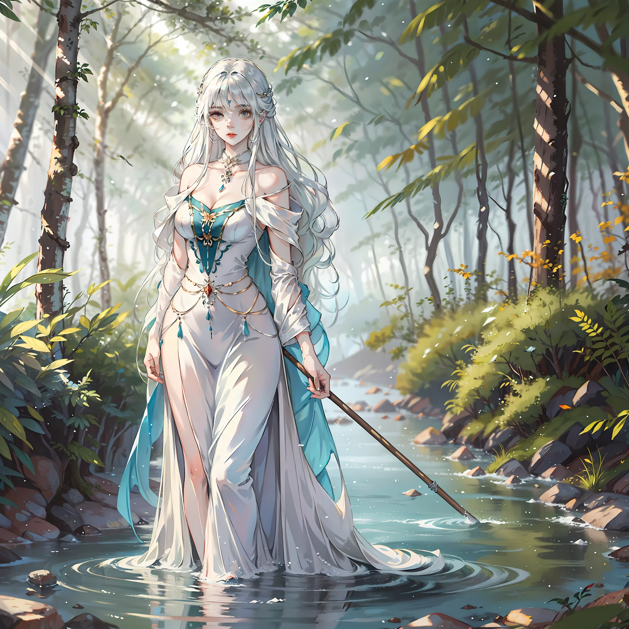 woman, beautiful, silver-haired, long-haired, sacred, mysterious, walking on water, in the forest, alone,