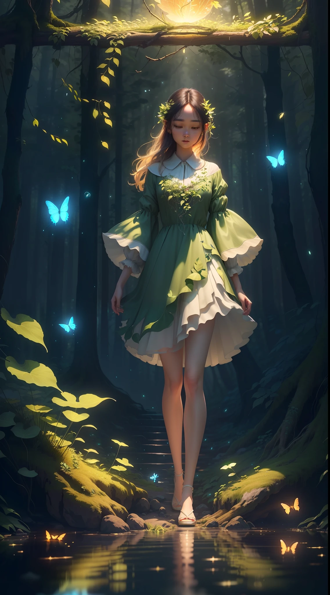 A masterpiece, the best quality, stunning reflections, the best reflections ever. (very detailed CG unity 8k wallpapers), (best quality), (best illustrations), (best shadows), forest theme with natural elements. Tall trees, quiet streams, small glowing mushrooms surrounded by delicate leaves and branches, with fireflies and glowing particle effects,, (natural elements), (jungle theme), (leaves), (twigs), (fireflies), butterflies, (delicate leaves), (glow), (particle effects). , Isometric 3D, Octane Rendering, Ray Traced, Super Detailed
