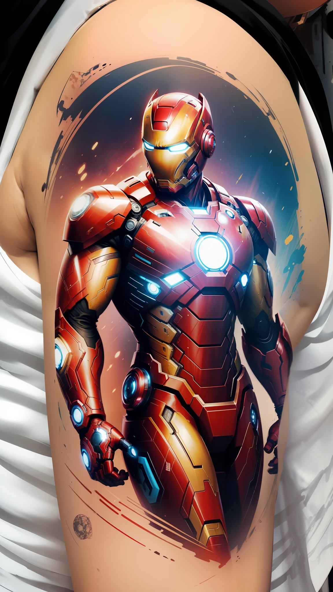 Colorful art, scattered ink effect, sketch, sketch, tattoo design, closeup, Iron Man (marvel comics), Blackwork-style art, 8k.