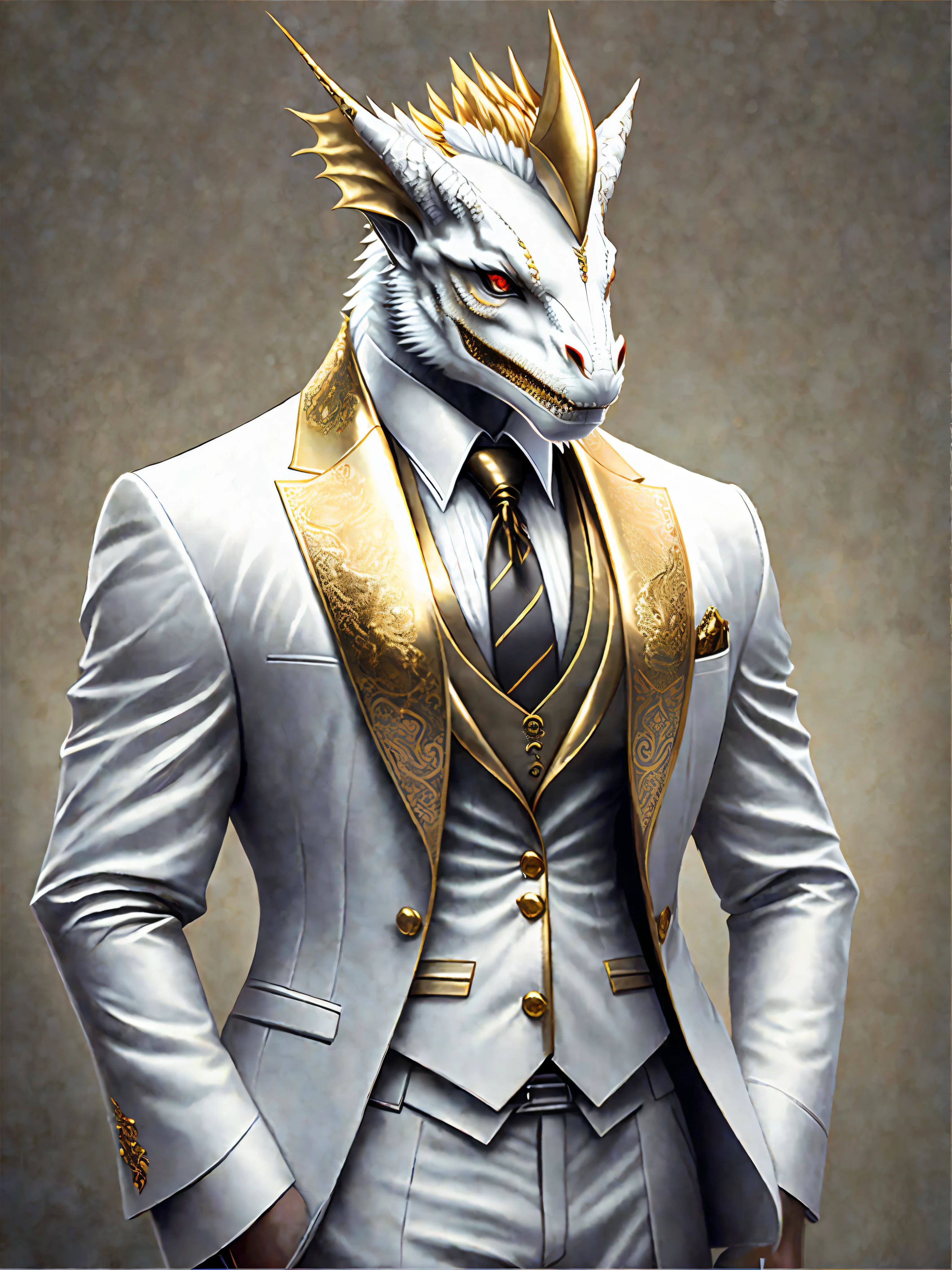 a close up of a dragon wearing a suit and tie, great digital art with details, white suit, nekro, realistic lifelike dragon, portrait of dragoon, brocade robes, human male demon, golden collar, fursona wearing stylish clothes, anorld render, white dress shirt
