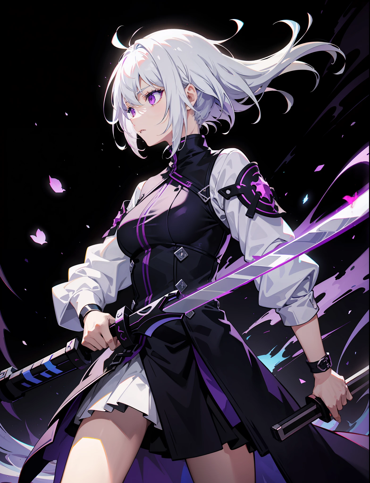 colorful, 1girl, white hair, purple eyes, dual wielding, sword, holding sword, blue flames, glow, glowing weapon, light particles, wallpaper, chromatic aberration,