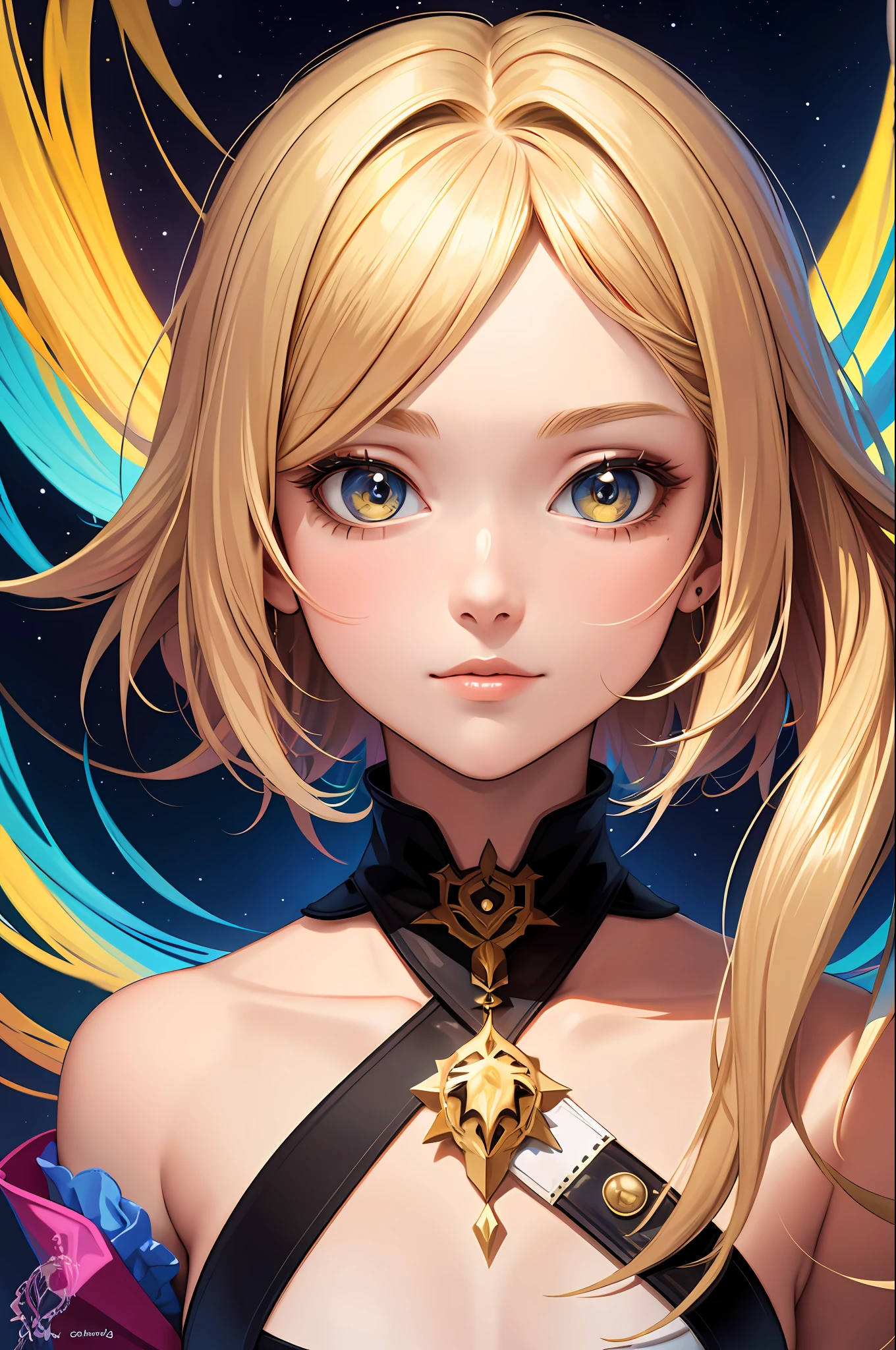 masterpiece, best quality, 1girl, fractal art, colorful, blonde hair,