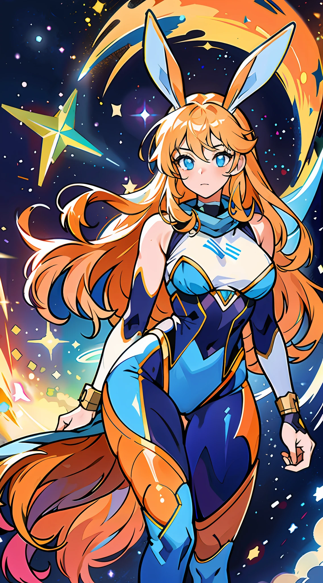 (absurdres, highres, ultra detailed), 1girl, full body, mature female, orange very long hair, blue eyes, white pupil, hero, power, blue spandex bodysuit, sleeveless, long orange rabbit ears, finely detailed eyes and detailed face, extremely detailed CG unity 8k wallpaper, intricate details, symmetrical patterns, vibrant colors, star shapes, dynamic composition BREAK , pantomime art, expressive body language, silent storytelling, evocative gestures, visual narratives, wasteland, colorful starry sky, fantasy spacestation, vibrant galaxy, peaceful scenery