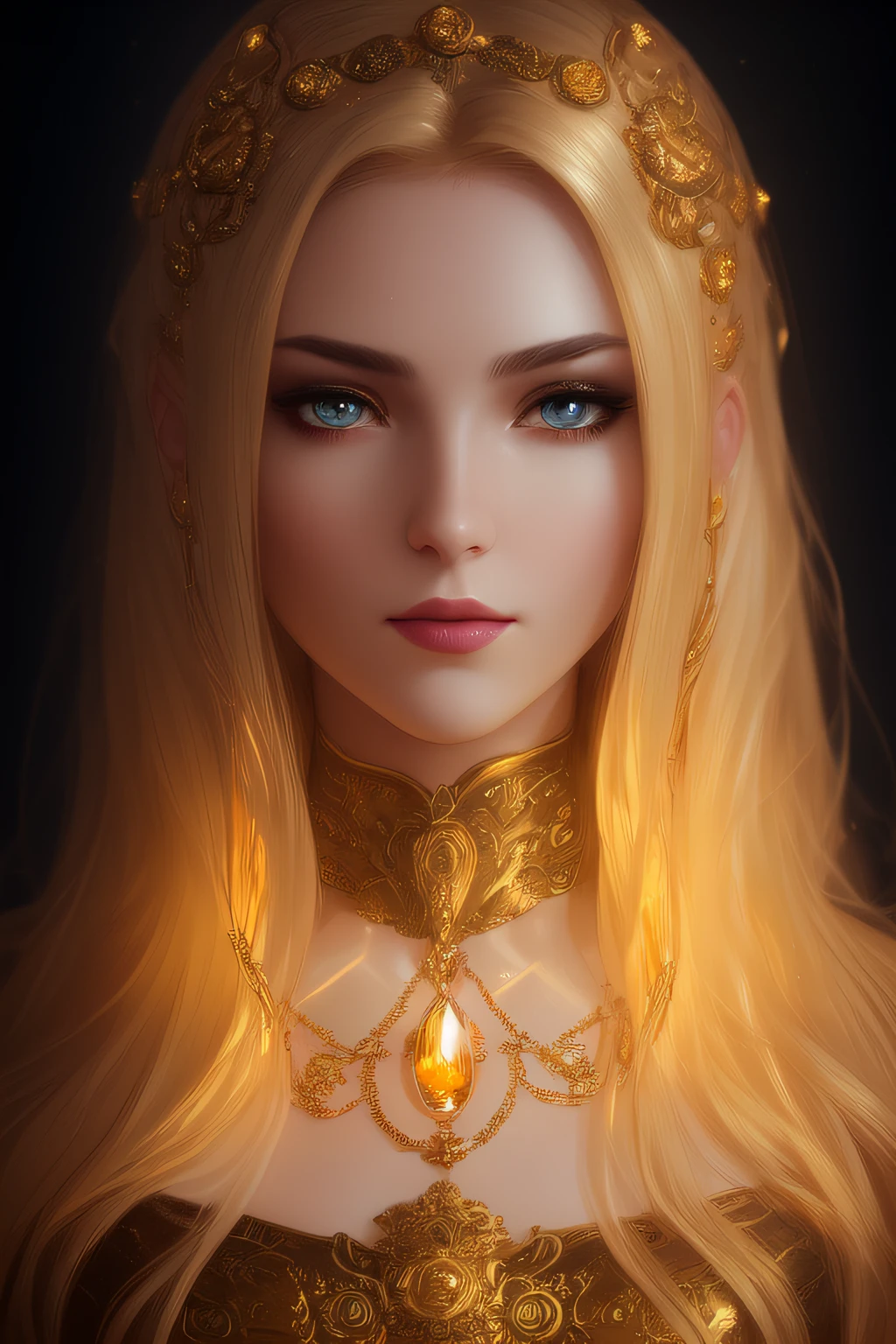 (8k, RAW photo, best quality, masterpiece:1.2), modelshoot style, (dark shot:1.5), Stunningly attractive woman with blonde soft hair, (victorian style:1.2), victorian dress high detailed and intricate, long curly hair, dramatic pose, (soft warm skin with wax effect:1.3), pastel, (glossy lips and the tip of the nose with bright small glare:1.4), (bright highlights:1.6), detailed eyes, (soft volumetric light:1.5), (subsurface scattering:1.5), wax, (night light:1.6), global illumination, Soft Shadows, (dark background with cool lighting:1.0), bokeh, Charlie Bowater, stanley artgerm lau, a detailed painting, fantasy art, artstation, trending on Artstation, art like midjourney and Rutkowski, hyperdetailed, insane details, intricate details, (oil painting:1.5), (digital art:1.5), glare on the corneas of the eyes, round pupils, refraction, screen space reflections, screen space ambient occlusion, (hdr:1.4), full body shot, (gold jewelry with amber gems:1.1)