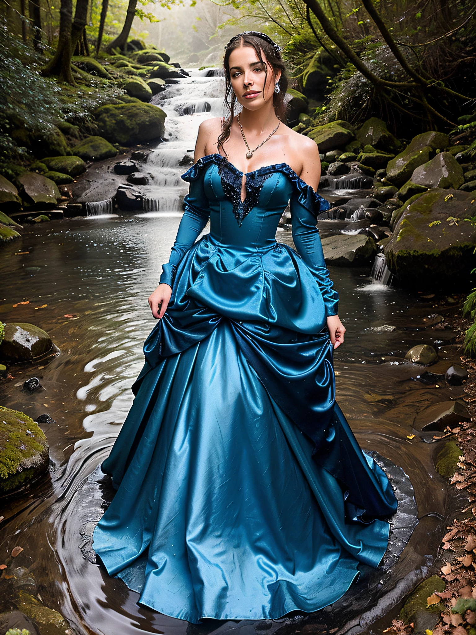 arafed princess in a blue satin ballgown and high heels sitting in a stream, girl wears a blue ballgown with a hoopskirt, long satin gloves, sapphire necklace, tiara, and earrings, wearing a flowing dress, beautiful maiden, flowing dress, flowing gown, beautiful fantasy maiden, fantasy photoshoot, sparkling in the flowing creek, wearing a blue dress, dressed in a beautiful, fantasy ballgown, fantasy beautiful, wearing a magnificent dress, wet hair (((drenched))) (((soaked))) (((disheveled))) (((clinging)))