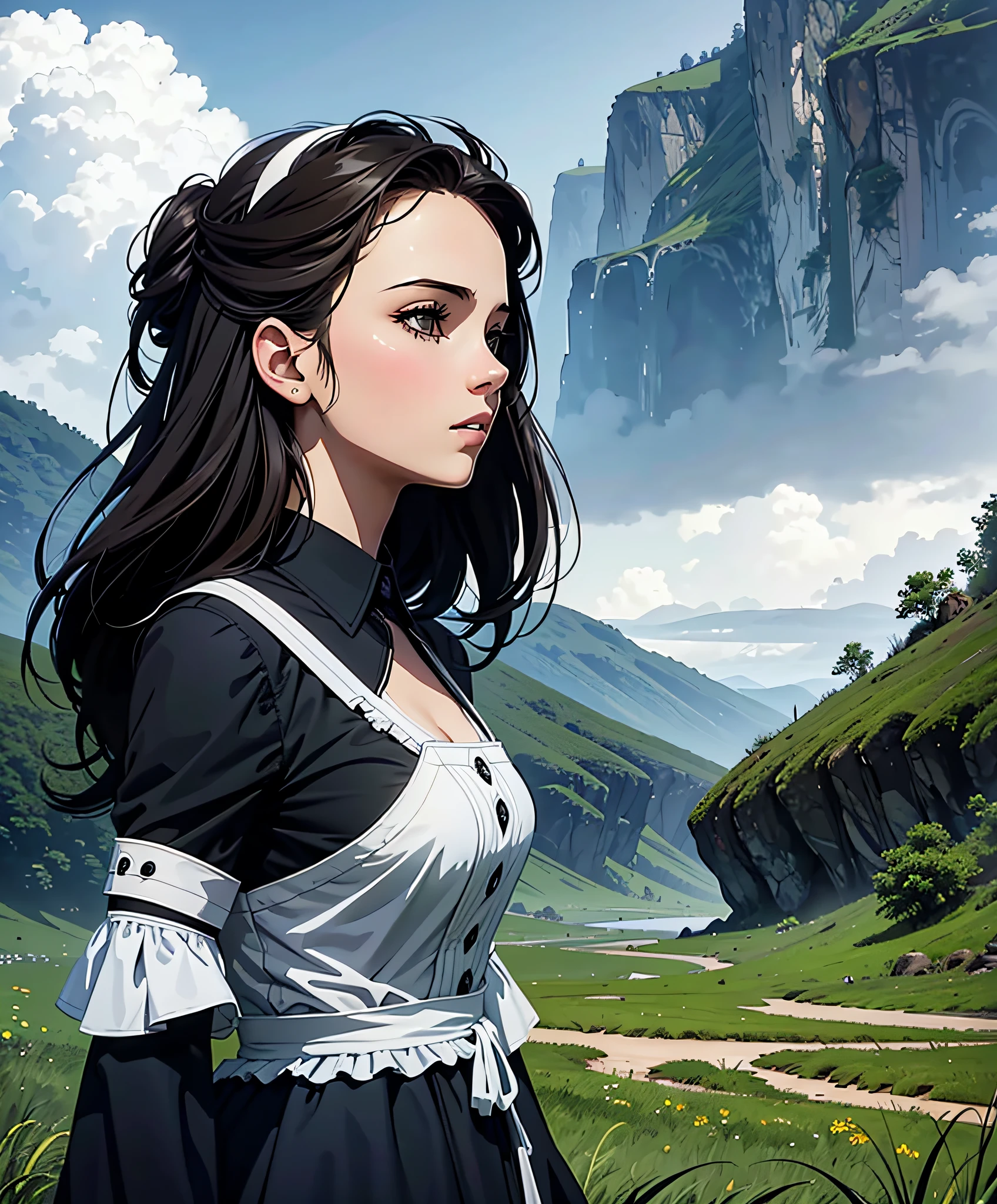 Portrait of beautiful girl, overcast sky background, lush landscape illustration, concept art, maid, pinterest, art station, lou ll art