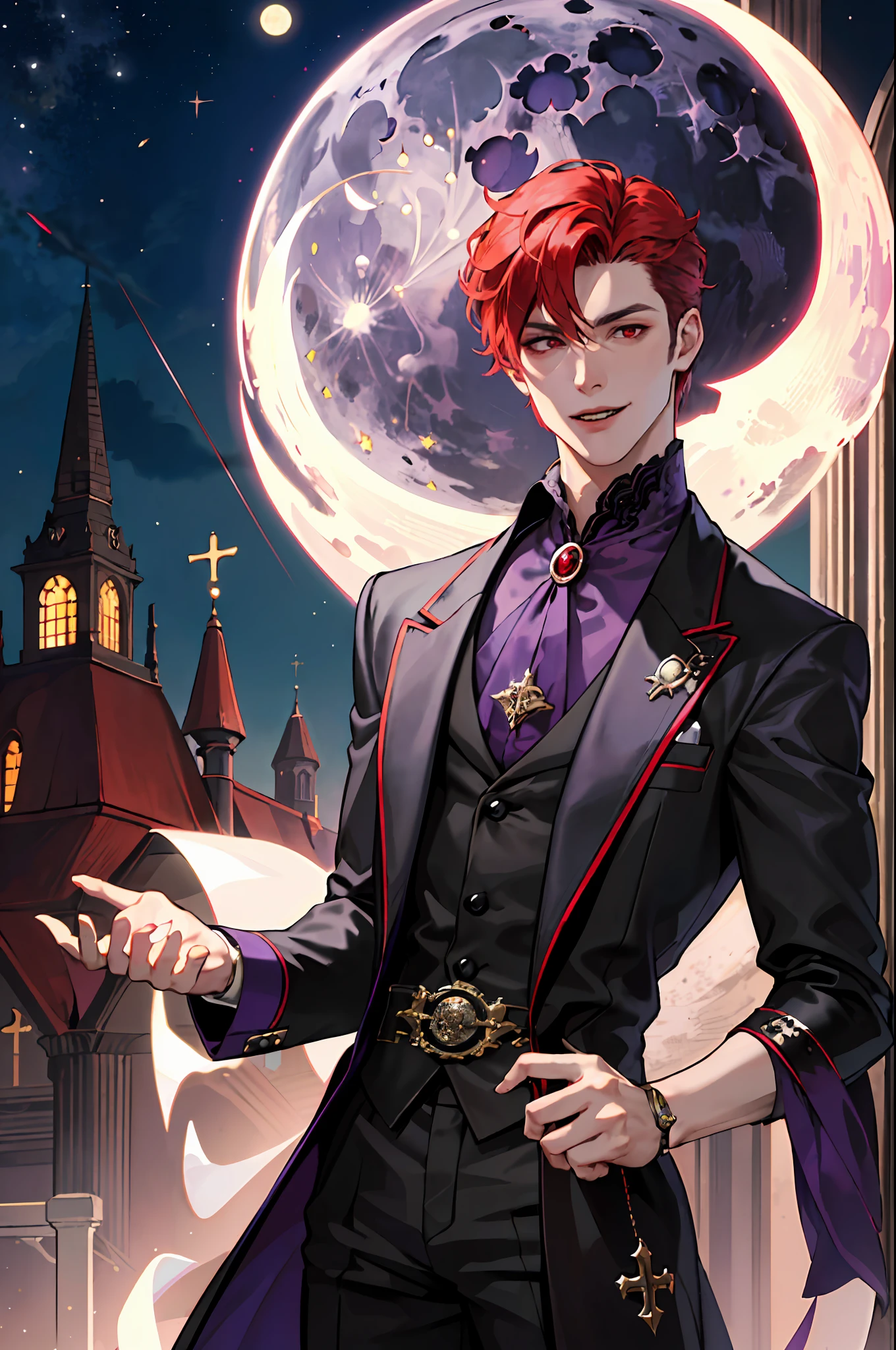 This is what a real Vampire looks like! Antique vampire clothes, elegant, gentlemanly. He is smiling friendly, his red hair is vivid, his red eyes shine against his perfect skin. In the background a purple church window, with moonlight reflecting behind. All this is in a beautiful and dark light, which makes it look amazing。 (High quality: 1.2, Church at night: 1.5, Antique Vampire Clothing: 1.4) (((At night))) (Provocative light, mysterious darkness) (((Violet Moon))) Defined Face) Perfect Hands)