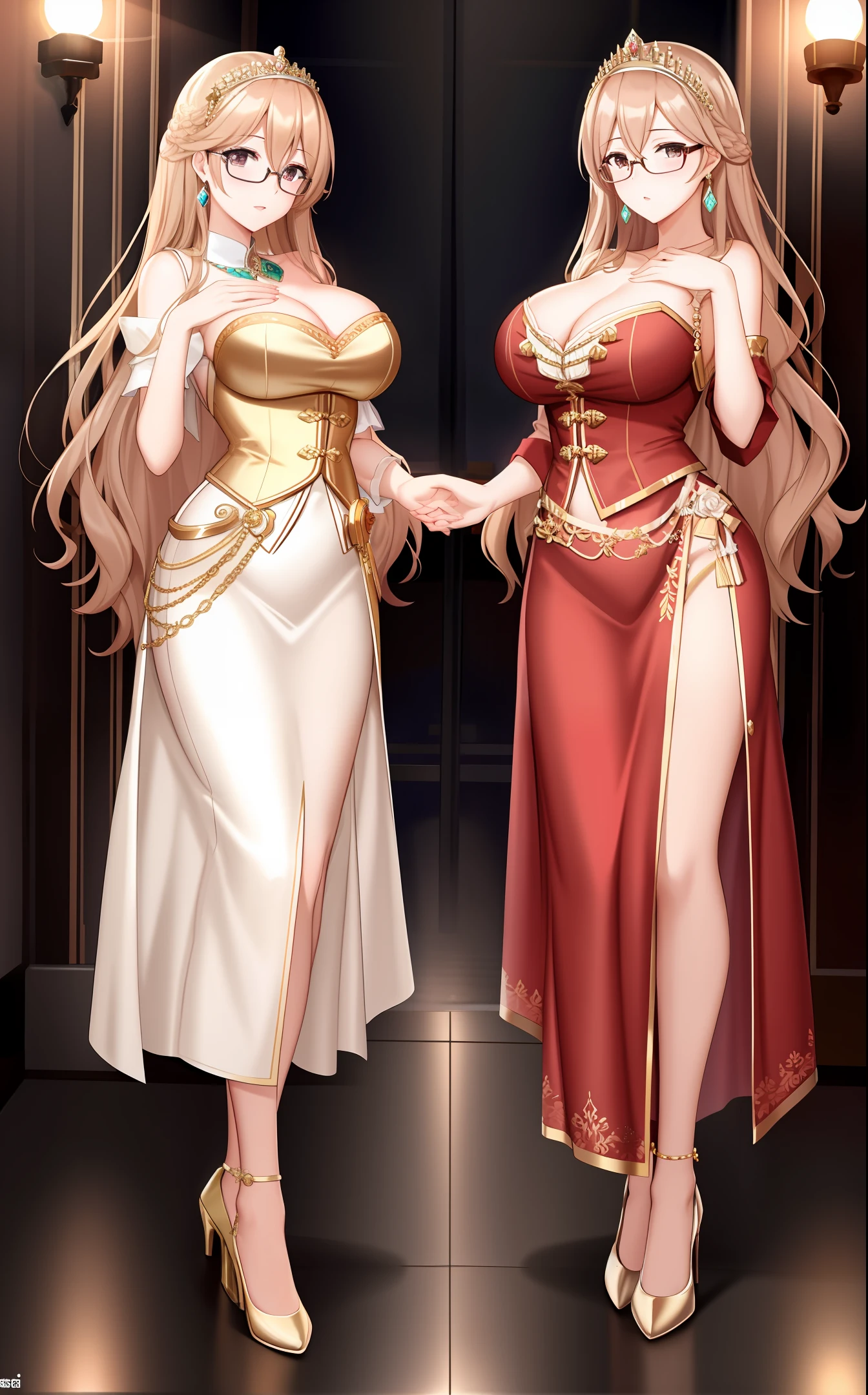 Royal sister, full body, big breasts, leaning over, bare chest outfit, gold wire half-rimmed glasses, long legs and thin waist