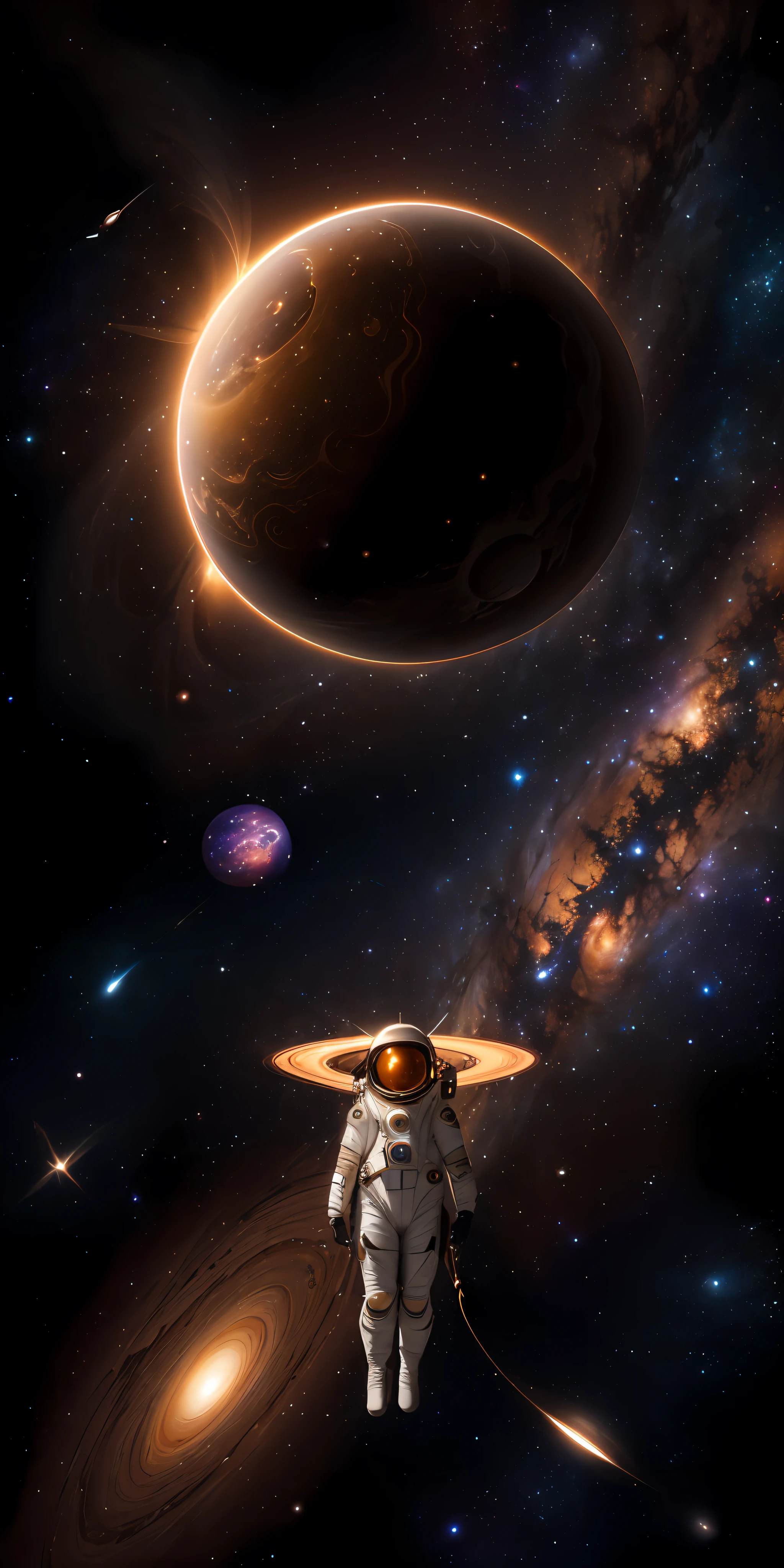((master)), ((best quality)), ultra-detailed CG unity 8k wallpaper, incredibly delicate and beautiful illustration, floating, high resolution, dynamic, ((1girl)), brown eyes, brown hair, astronaut suit, dark black background, stellar space, large white luminescent stars, a huge black hole in the background, colorful planets floating in a cosmic maelstrom.