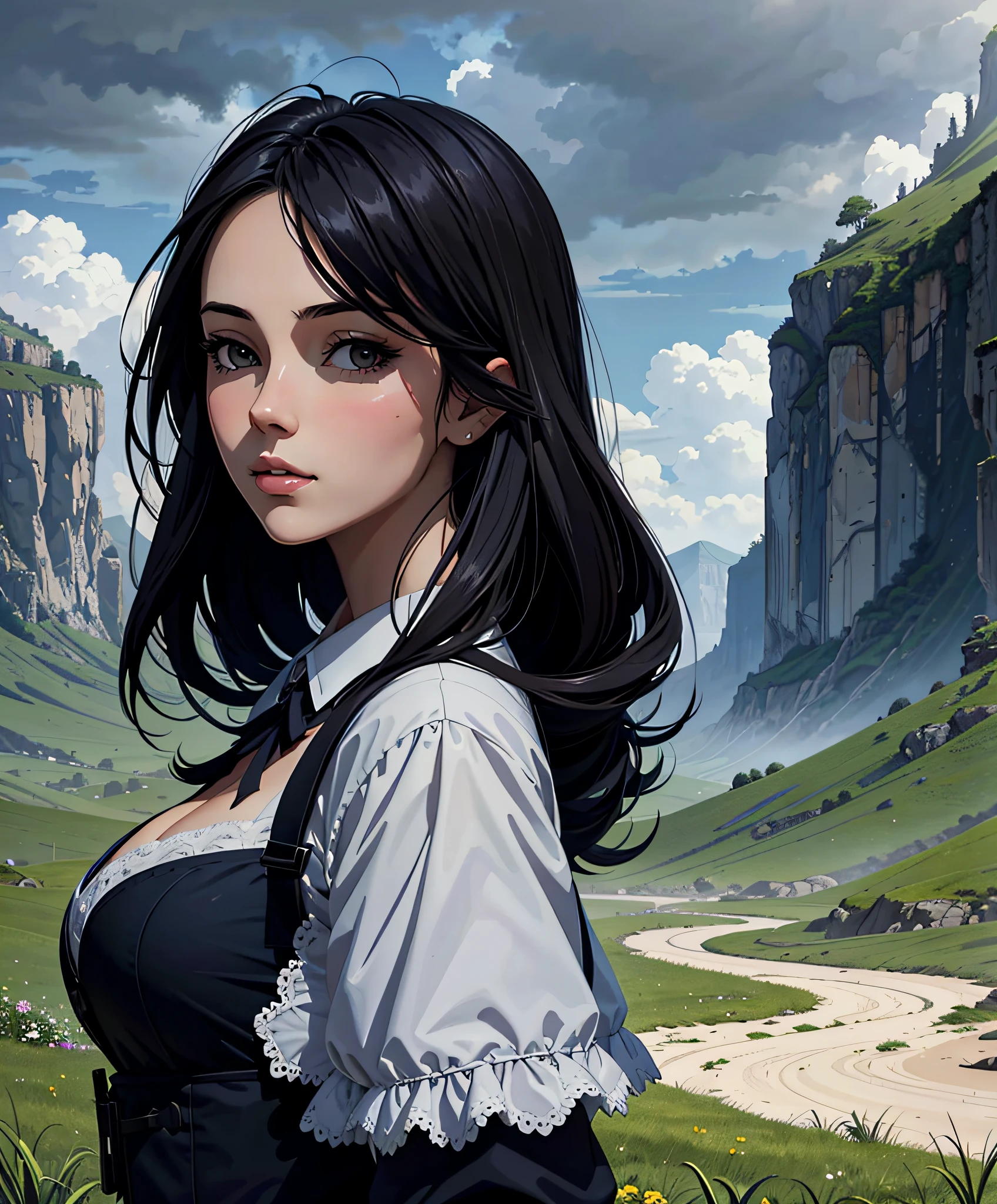 Portrait of beautiful girl, overcast sky background, lush landscape illustration, concept art, maid, pinterest, art station, lou ll art