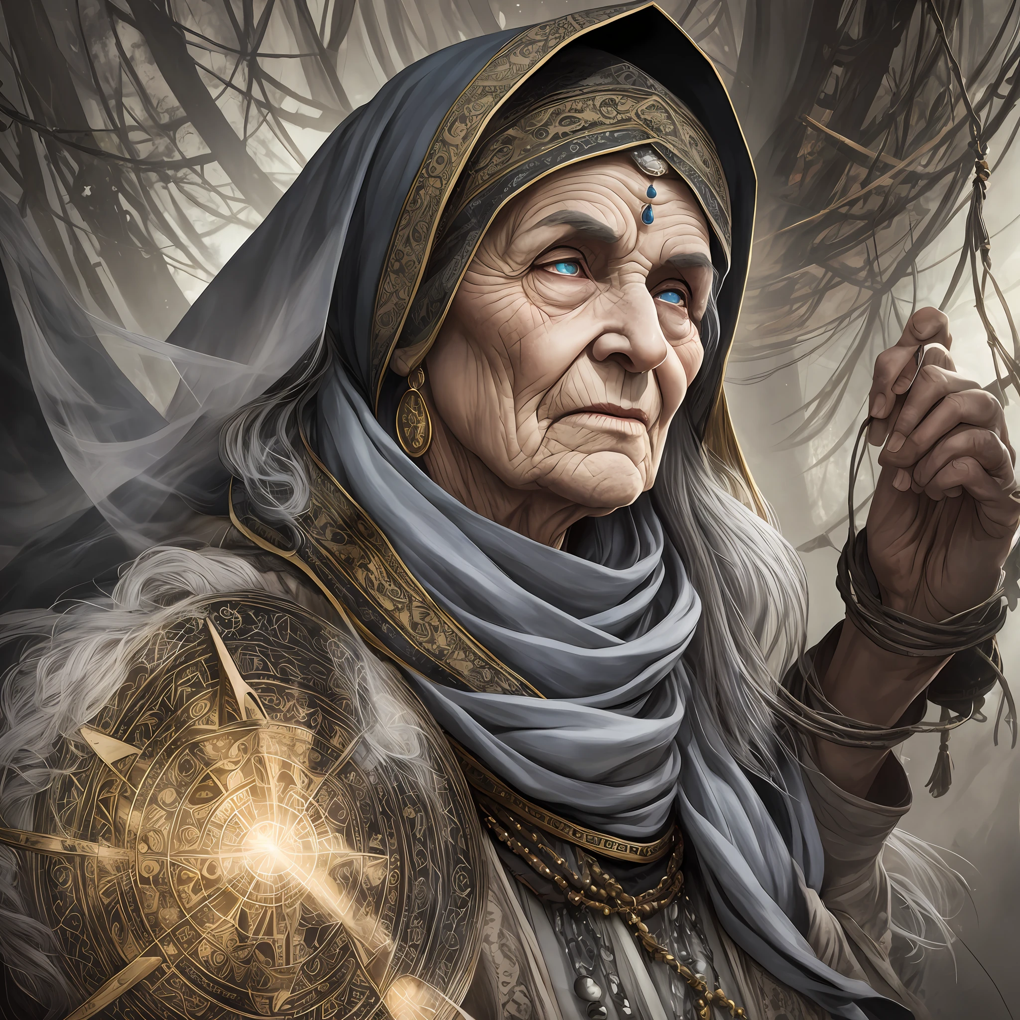 Akaarel, Damon Hellenbrand, drawing, ultradetalized portrait, realistic fantasy, cgsociety, neal adams, witch, Baba Yaga is usually depicted as a large hunchbacked old woman with gray eyes, a large, long, hunchbacked and hooked nose, a powerful hairy chin, Sometimes they say about her "nose has grown into the ceiling." But what this means is not entirely clear, but it may indicate her connection with the underworld, she is dressed in an old gray blank, an old scarf, bast shoes and trousers are wrapped around her head, there is no emphasis on Baba Yaga's clothes, but she usually dresses in Russian style.