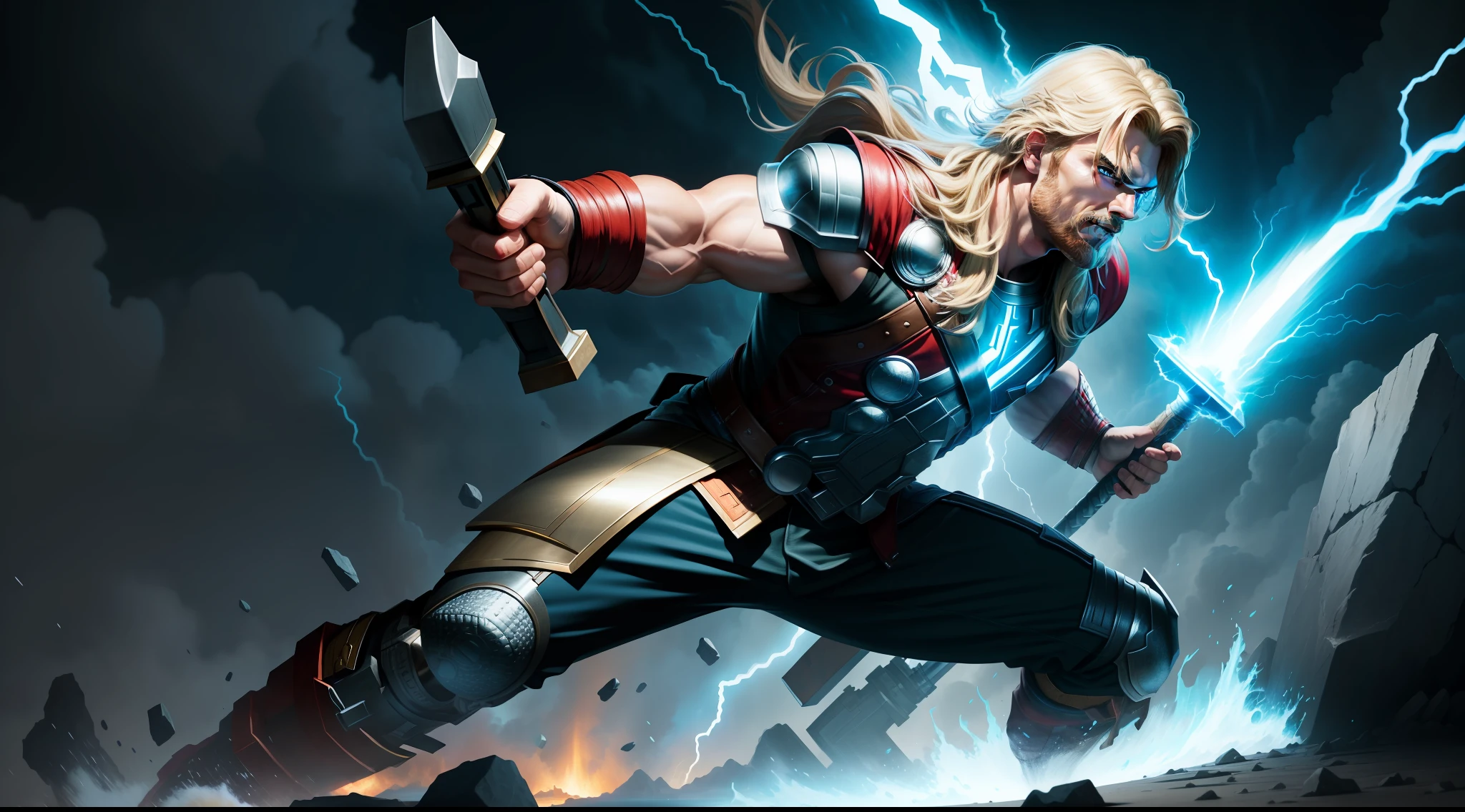 solo, masterpiece, best quality, medium shot of Thor God of thunder, lightning magic, Mjlnir hammer weapon, marvel, fighting stance, dynamic angle