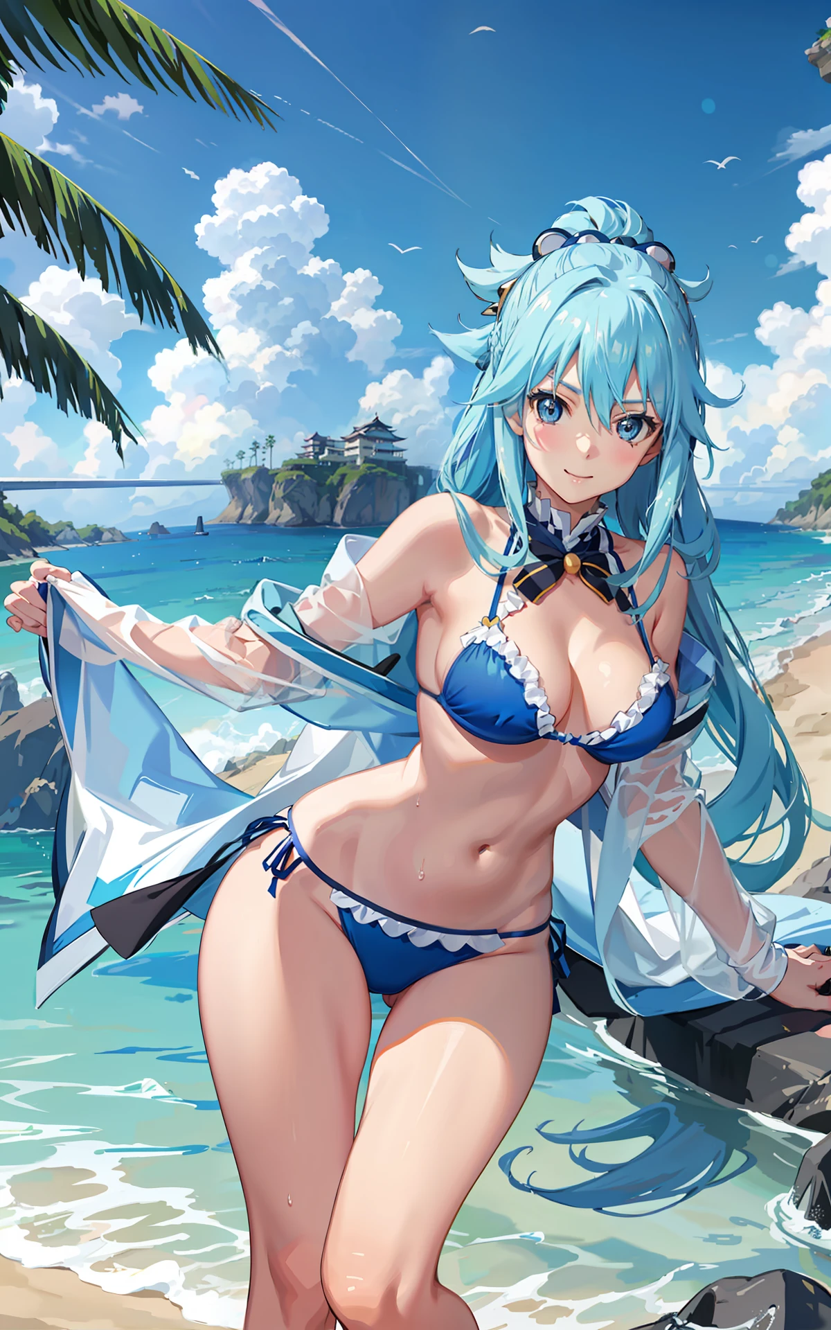 A skinny realistic Japanese adult girl named Aqua from the anime Konosuba with blue bikini and bra on the beach wet, with blue eyes, with long blue hair and happy