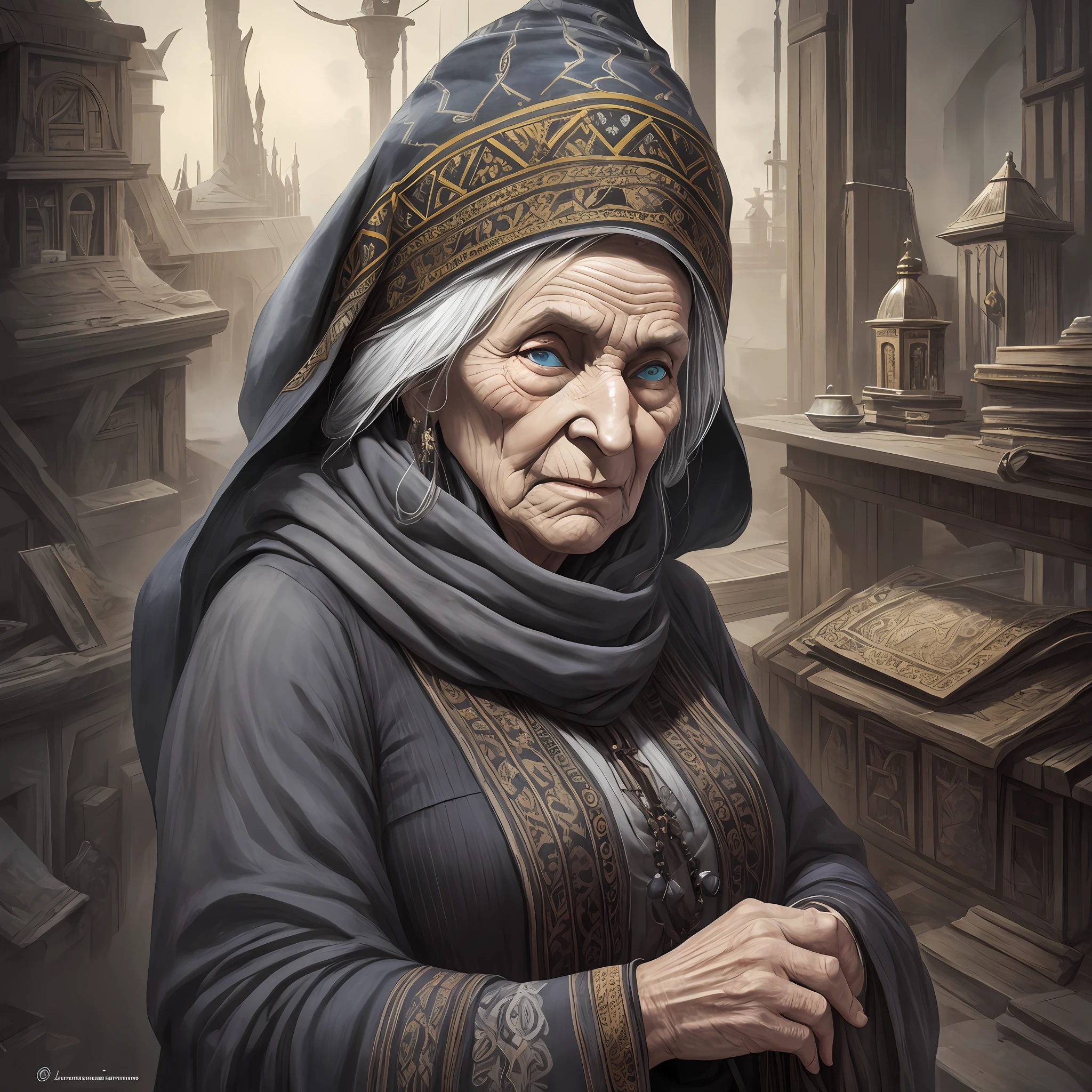 Akaarel, Damon Hellenbrand, drawing, ultradetalized portrait, realistic fantasy, cgsociety, neal adams, witch, Baba Yaga is usually depicted as a large hunchbacked old woman with gray eyes, a large, long, hunchbacked and hooked nose, a powerful hairy chin, Sometimes they say about her "nose has grown into the ceiling."  But what this means is not entirely clear, but it may indicate her connection with the underworld, she is dressed in an old gray blank, an old scarf, bast shoes and trousers are wrapped around her head, there is no emphasis on Baba Yaga's clothes, but she usually dresses in Russian style.