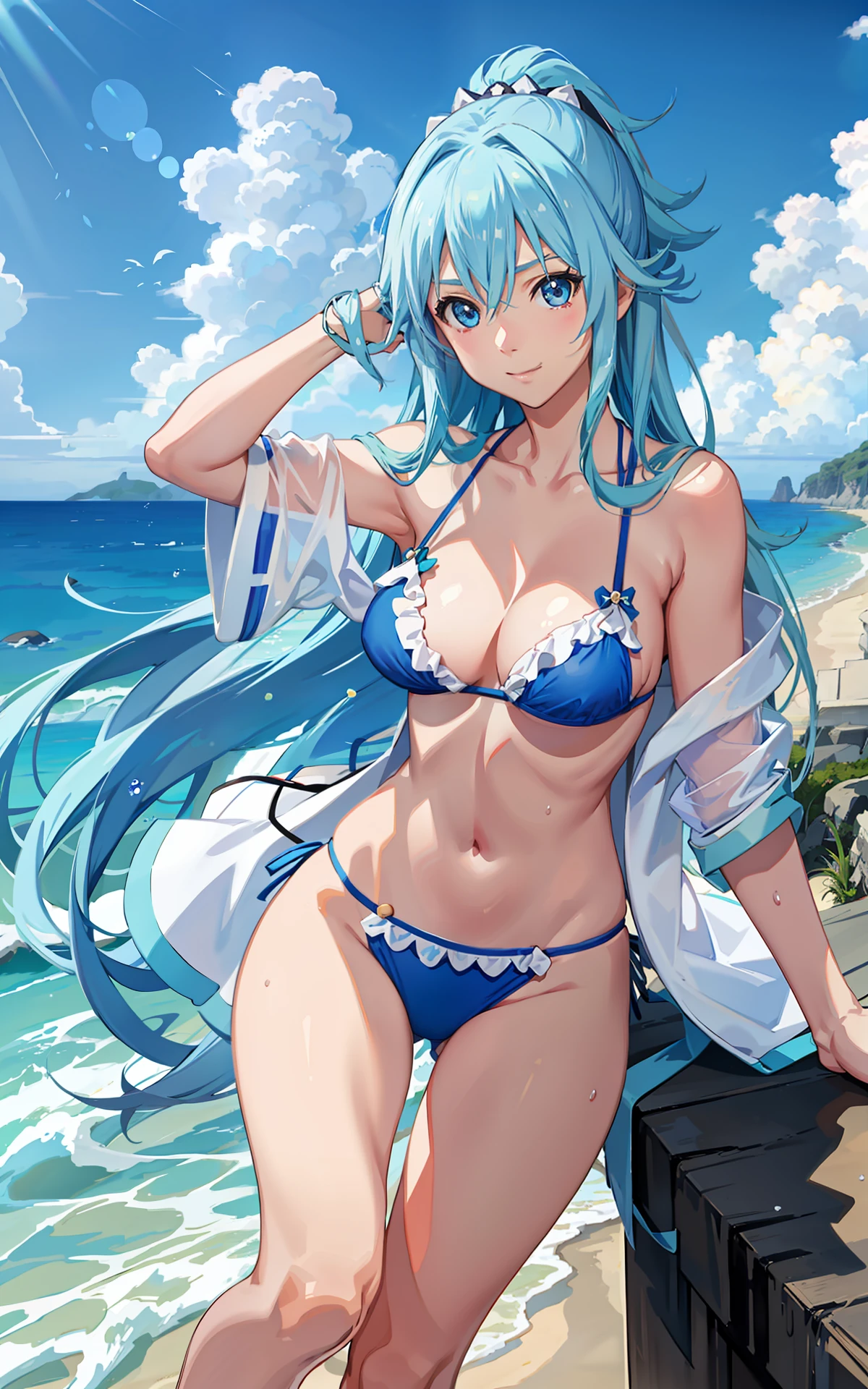 A skinny realistic Japanese adult girl named Aqua from the anime Konosuba with blue bikini and bra on the beach wet, with blue eyes, with long blue hair and happy