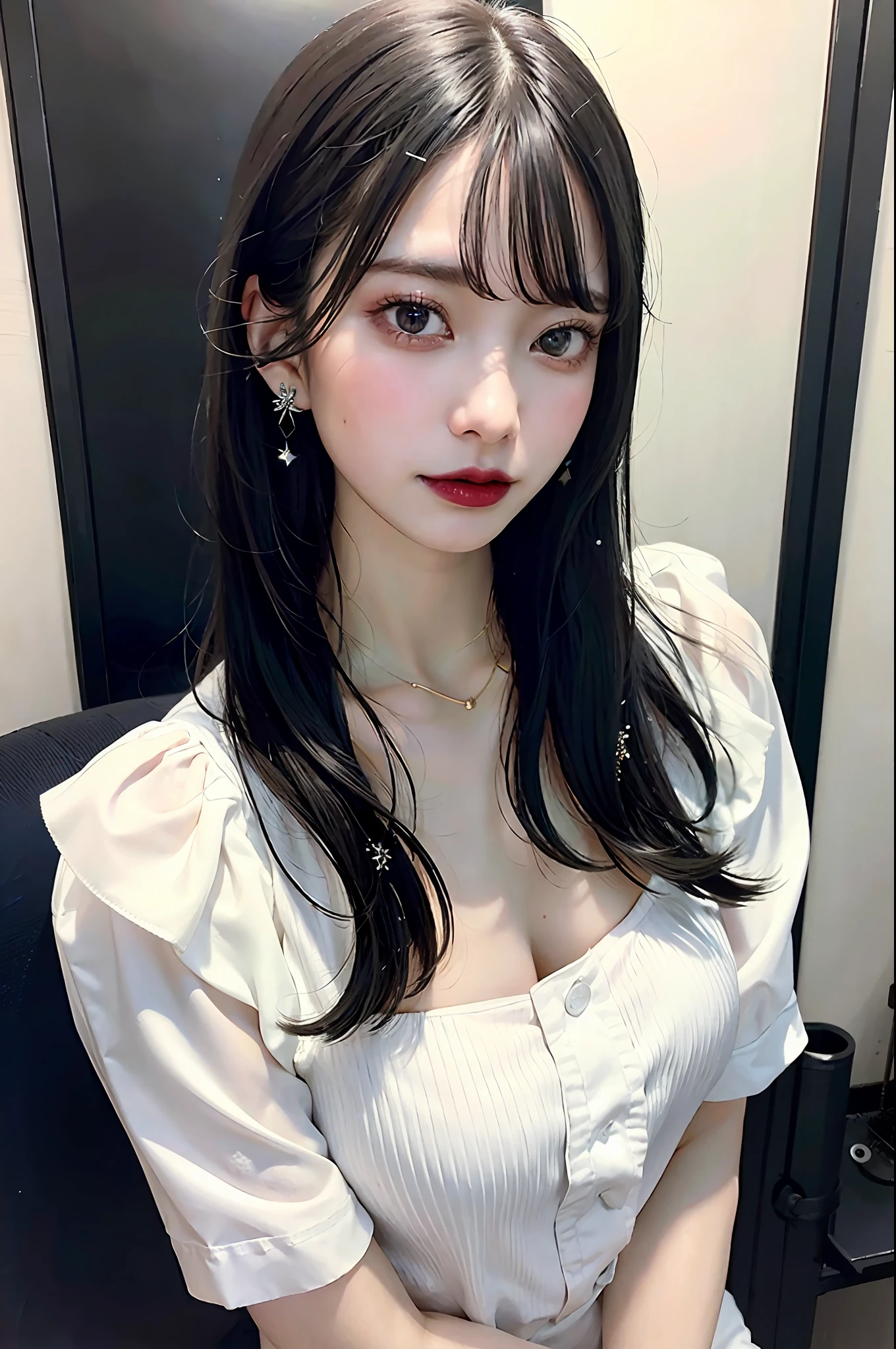 Black Hair Bob, (RAW Photo, Photorealism), (Very dark lip gloss, pitch black lipstick, so many eyelashes, pitch black eyeshadow, watery eyes, crying, angry, high quality, high resolution, depth of field, chromatic aberration, natural color, caustics, midnight, dark, Japan, female,), necklace, single woman, choker, earrings, bracelet, Soft big, white blouse, good style, slender figure, tips of clearly visible, whole body, bare legs, see-through bra, body line is very sexy, crotch wide open, sticking out, on duty, office worker, skin is exposed very much, the tip of the is clearly visible, the areola is visible, the pubic area is clearly visible, Crotch wide open