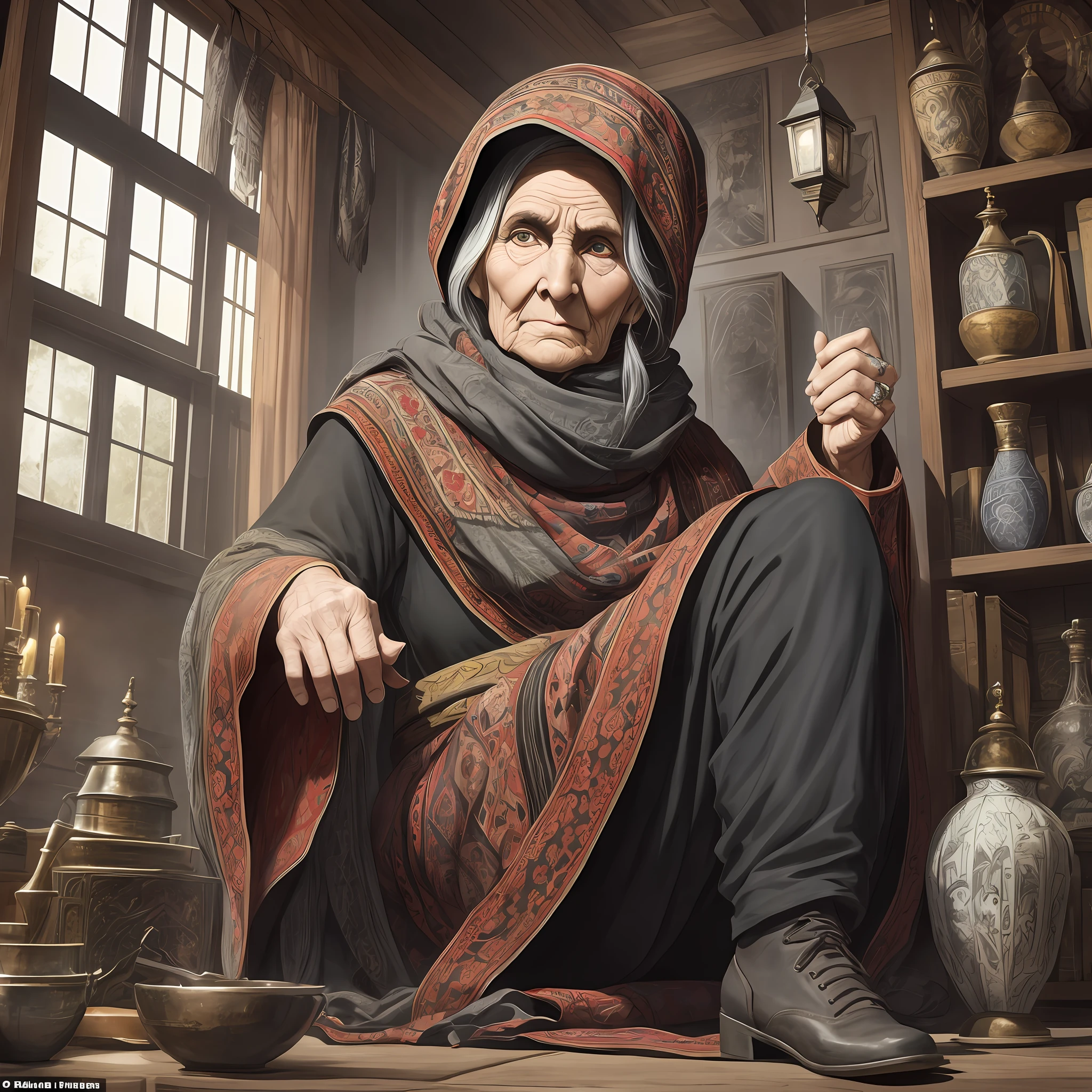 Akaarel, Damon Hellenbrand, drawing, ultradetalized portrait, realistic fantasy, cgsociety, neal adams, witch, Baba Yaga is usually depicted as a large hunchbacked old woman with gray eyes, a large, long, hunchbacked and hooked nose, a powerful hairy chin, Sometimes they say about her "nose has grown into the ceiling." Her bony leg is also often mentioned. But what this means is not entirely clear, but it may indicate her connection to the underworld. In the popular print, she is dressed in an old gray plate, an old scarf, bast shoes and trousers are wrapped around her head, there is no emphasis on Baba Yaga's clothes, but she usually dresses in Russian style.