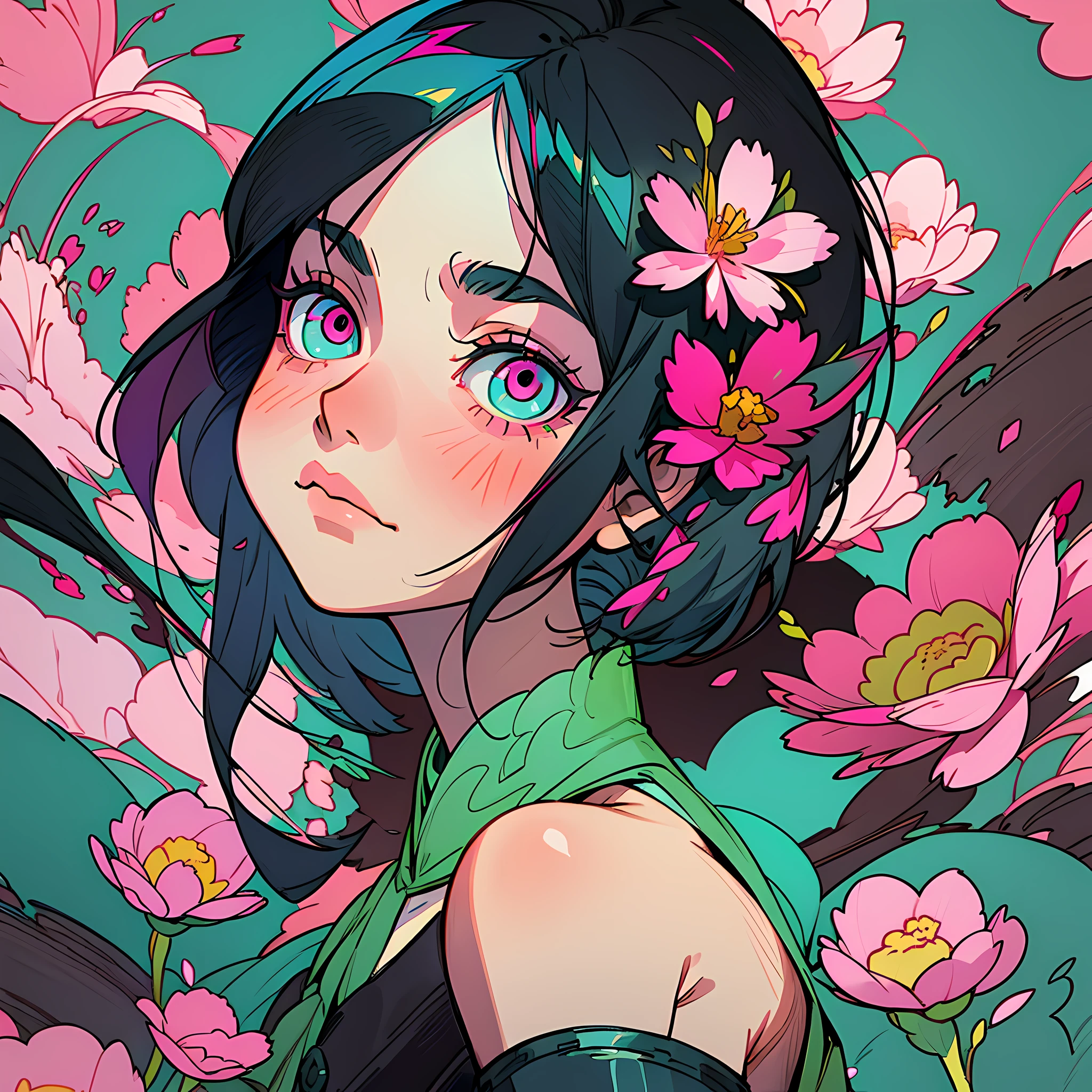 Artistic image of a Japanese anime girl, portrait of a girl with black hair blink you will miss the details, dark two complexes, flowers, soft and vibrant, in the style of kilian eng, dark cyan and pink, childlike and glamorous lush details, blink you will miss its details, frank thorne, high resolution