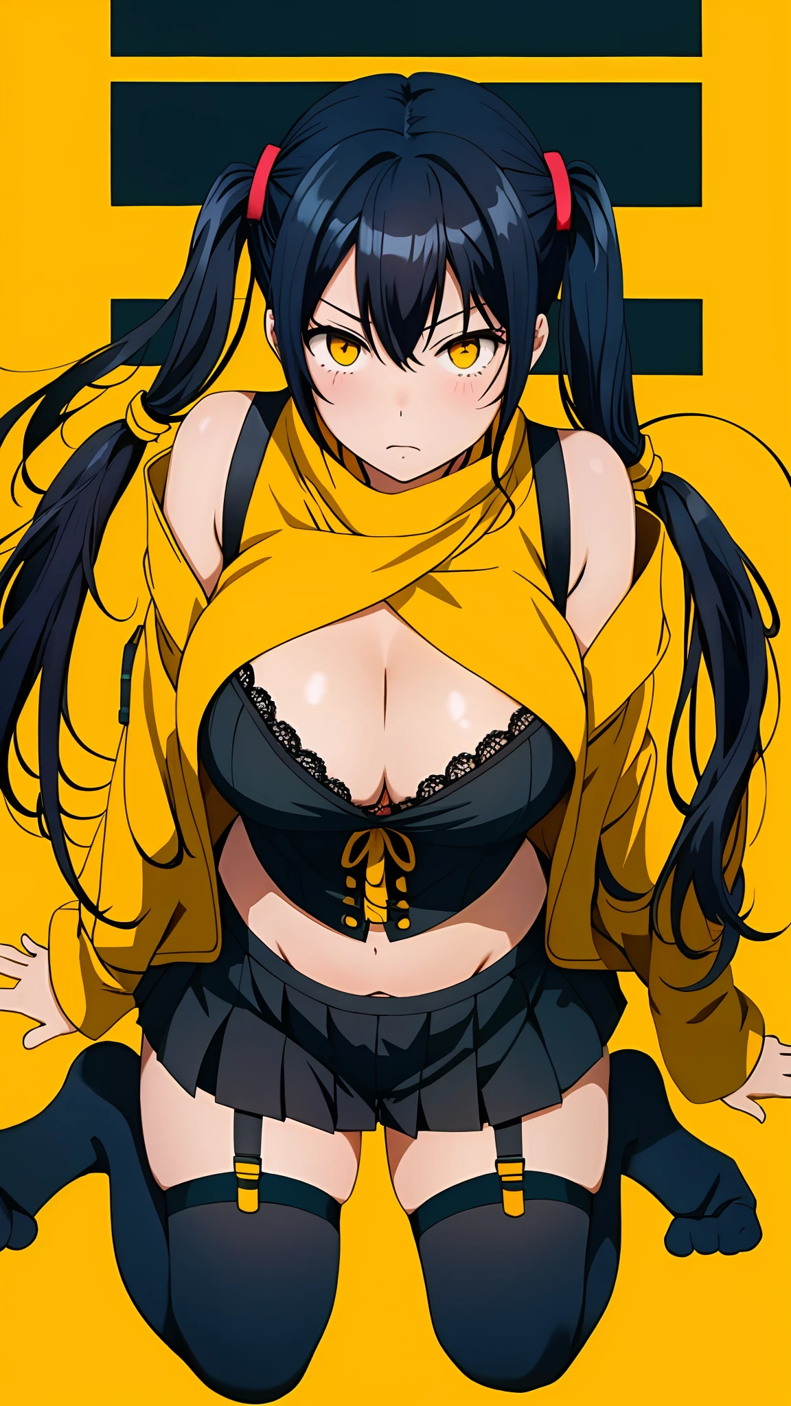 (tamaki kotatsu), Sexy, from above, facing viewer, face close up, cleavage, yellow eyes, black hair, twintail, busty, building on fire background, full body, 8k, absurd quality, beautiful face, hands out of frame,absurd res, high res, (masterpiece:1.4), ultra-detailed, 1girl, from front, jumping, stockings, black hair, heart shape eyes, yellow eyes, garter belt, yandere, twintail