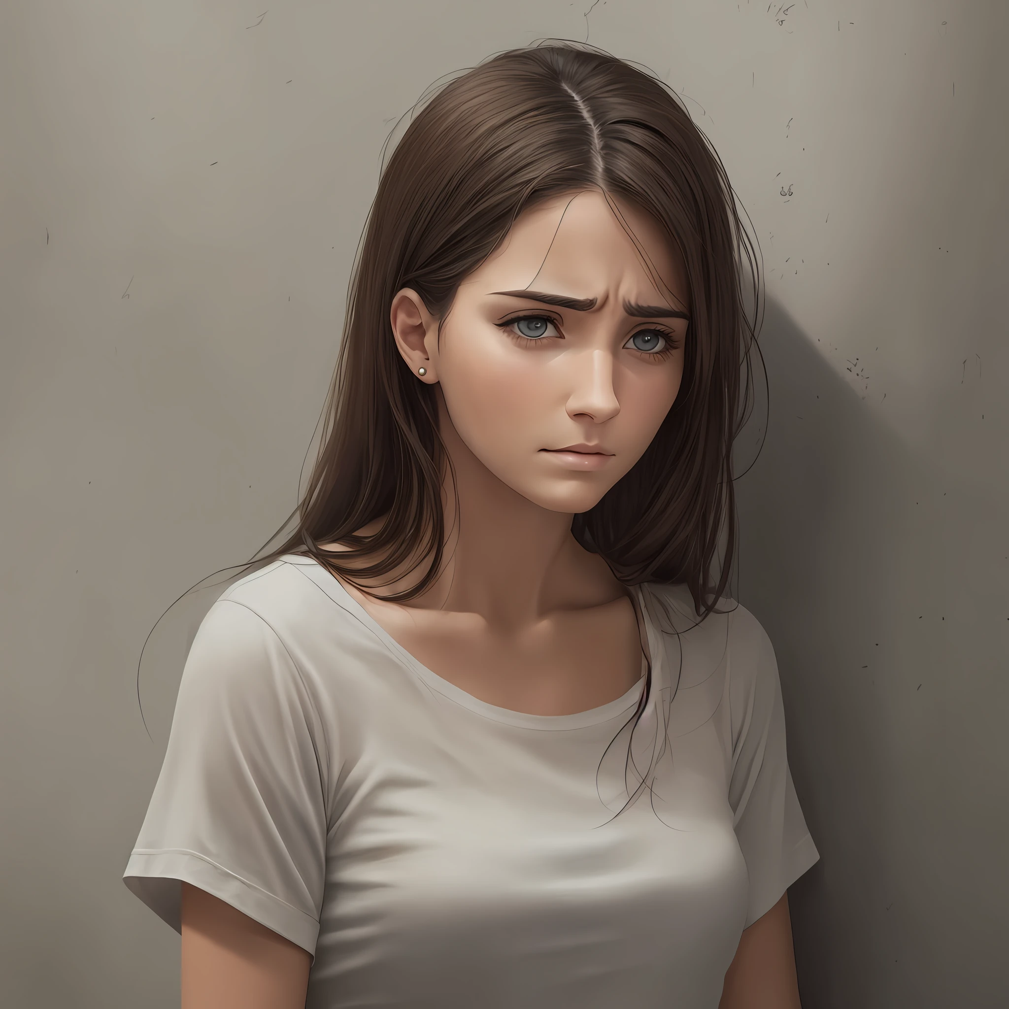 brunette woman with suffering face and simple clothes, super realistic --auto --s2