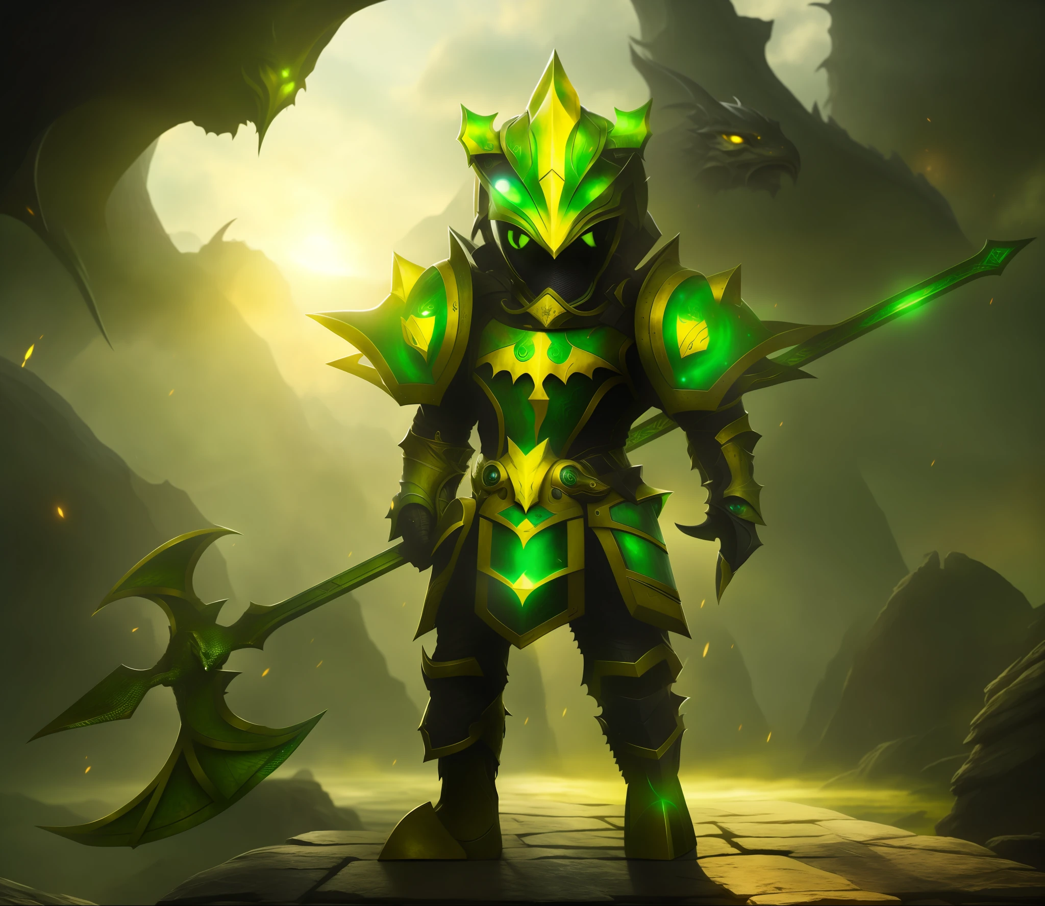 Dragon knight, eyes mouth and nose appearing, helmet open in front, green eyes, imposing, with yellow rays background, green and yellow armor, best quality, 8k, masterpiece:1.3