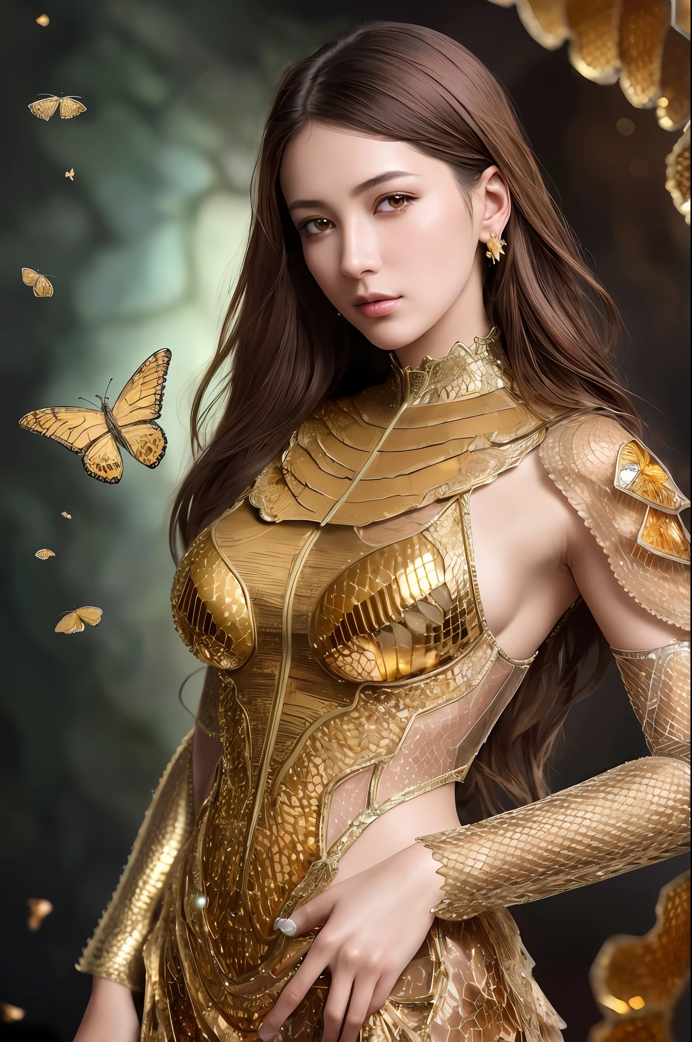 8k portrait of beautiful cyborg with brown hair, intricate, elegant, highly detailed, majestic, digital photography, art by artgerm and ruan jia and greg rutkowski surreal painting gold butterfly filigree, broken glass, (masterpiece, sidelighting, finely detailed beautiful eyes: 1.2), hdr, (honeycomb hole:1.2) , big breasts, (micro dress honeycomb texture skin:1.2)