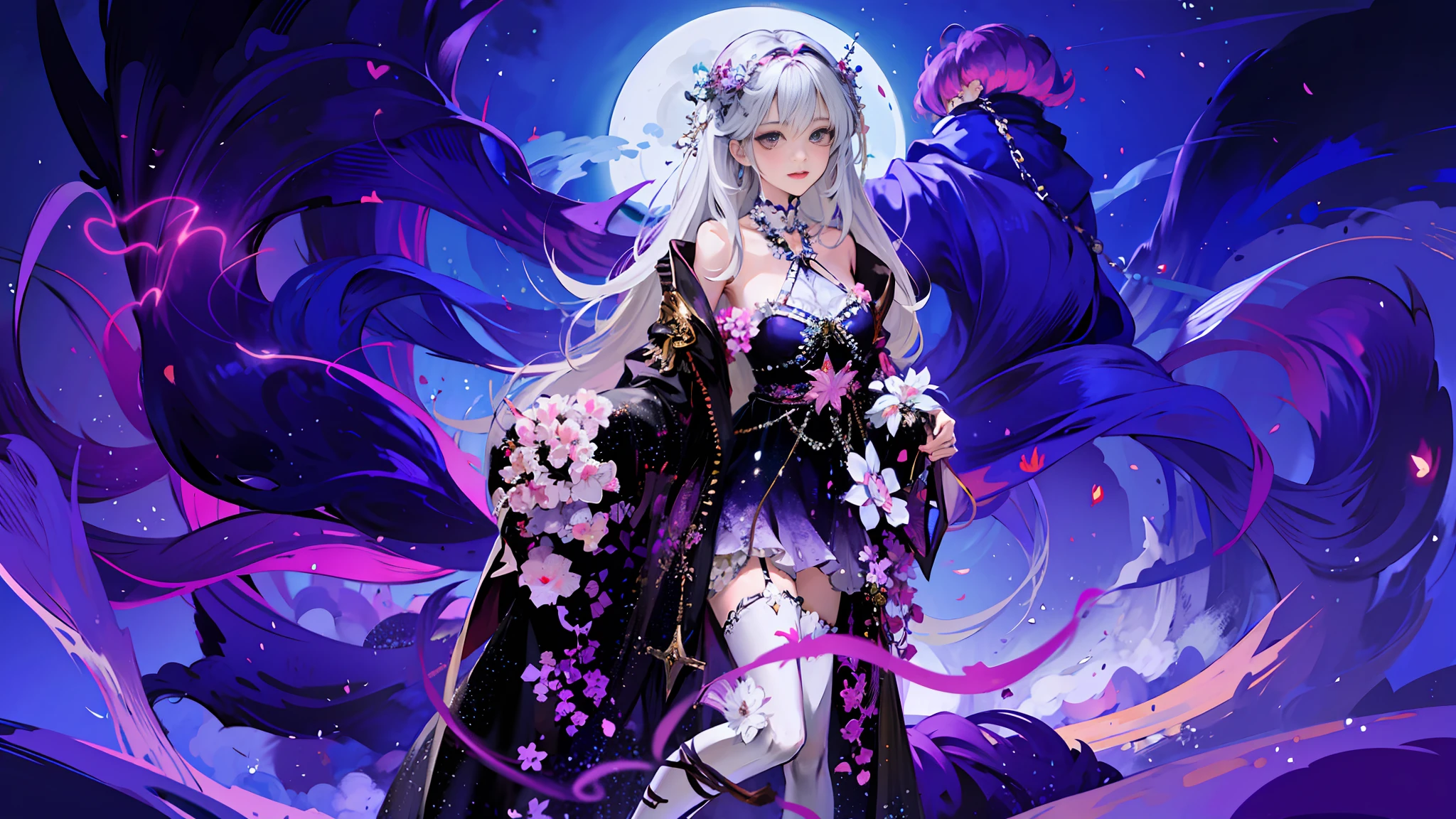 Anime girl with long white hair and purple dress standing in front of the full moon, full body fairy,