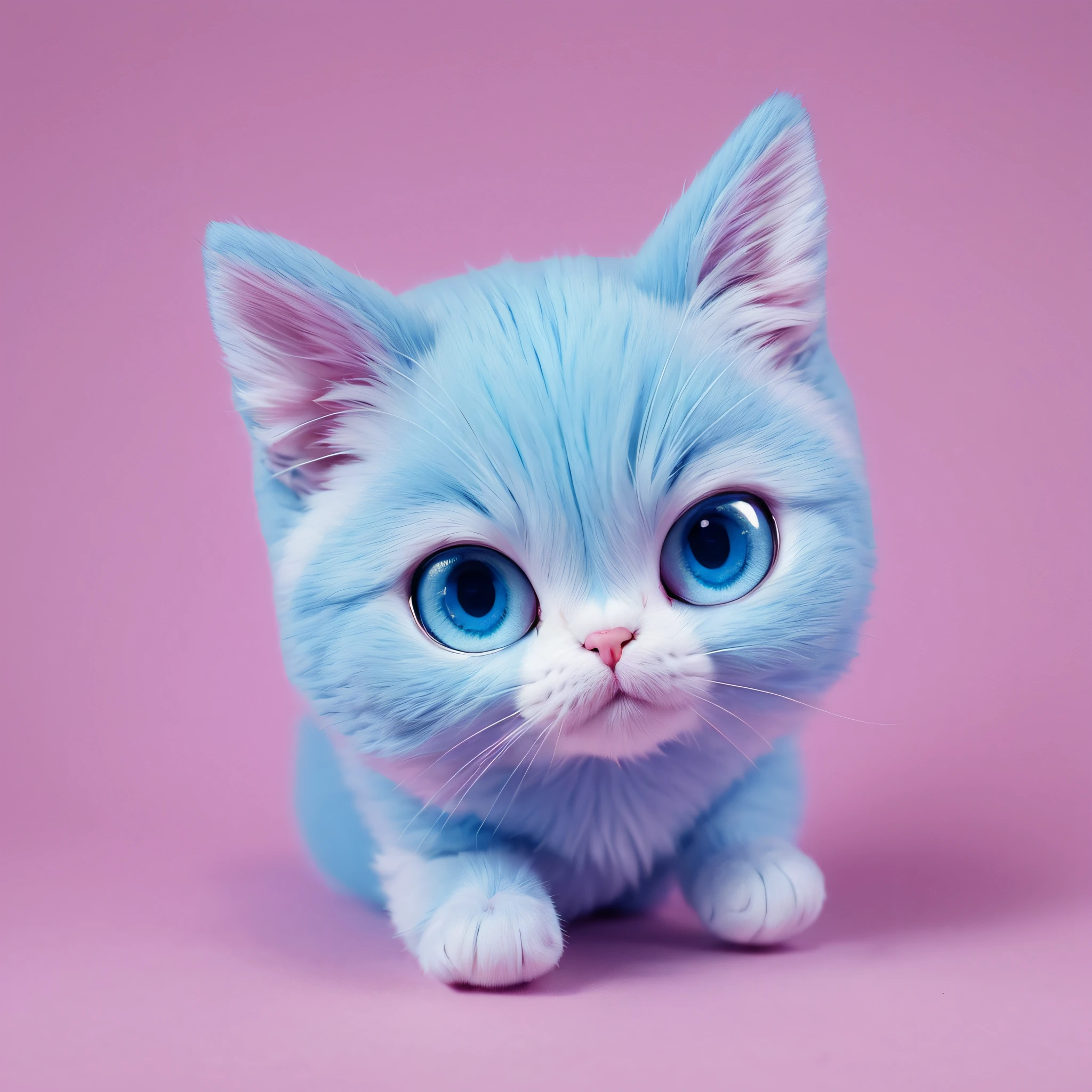 Cartoon kitten with cute blue eyes, digital painting by Kanbun Master, slightly furry artistic design, adorable digital art, isometric 3D fantasy kitten, desaturated camera filter treatment, purple throughout, white fur, pink and blue stripes, big eyes, cute pose