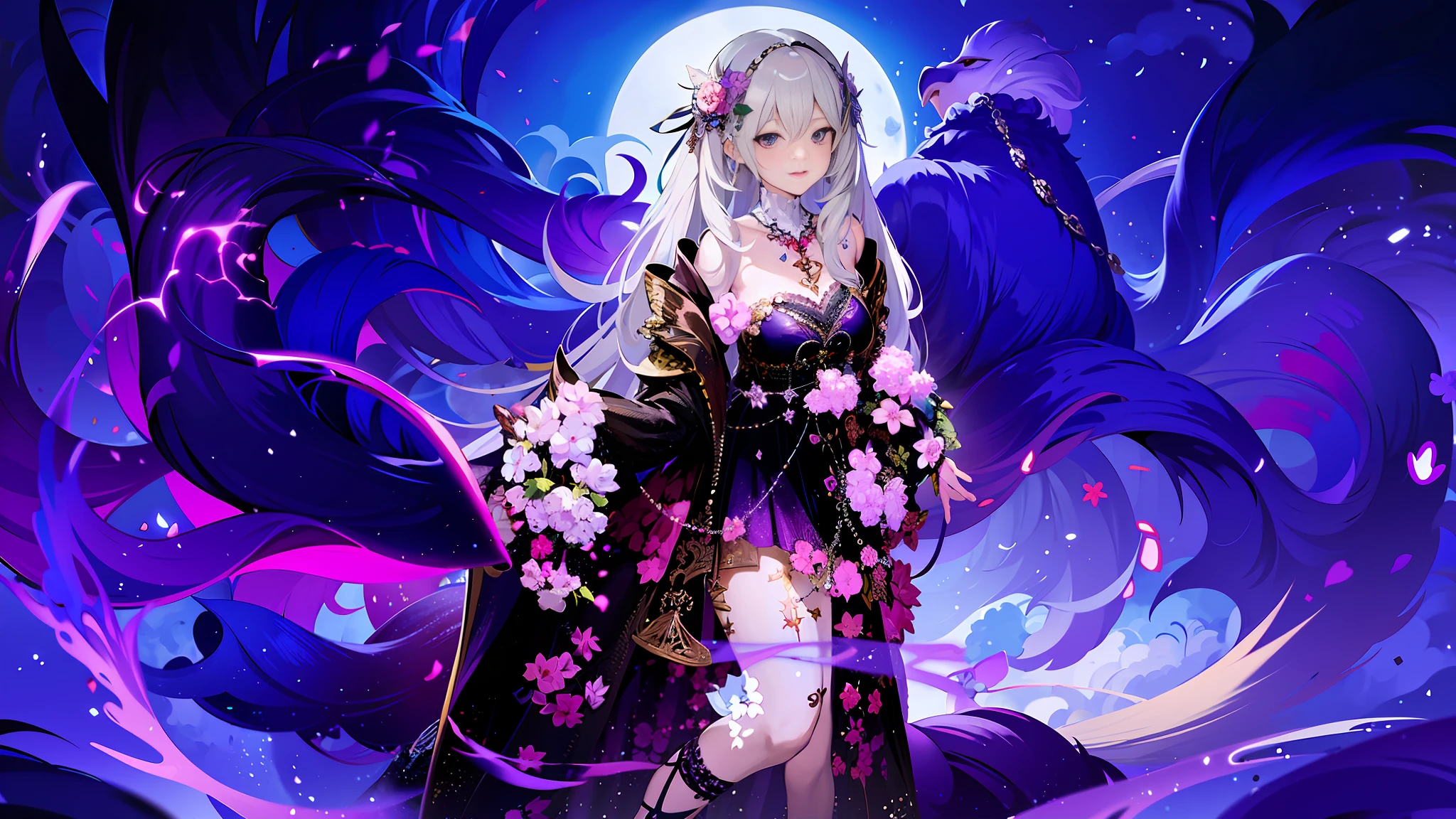 Anime girl with long white hair and purple dress standing in front of the full moon, full body fairy,