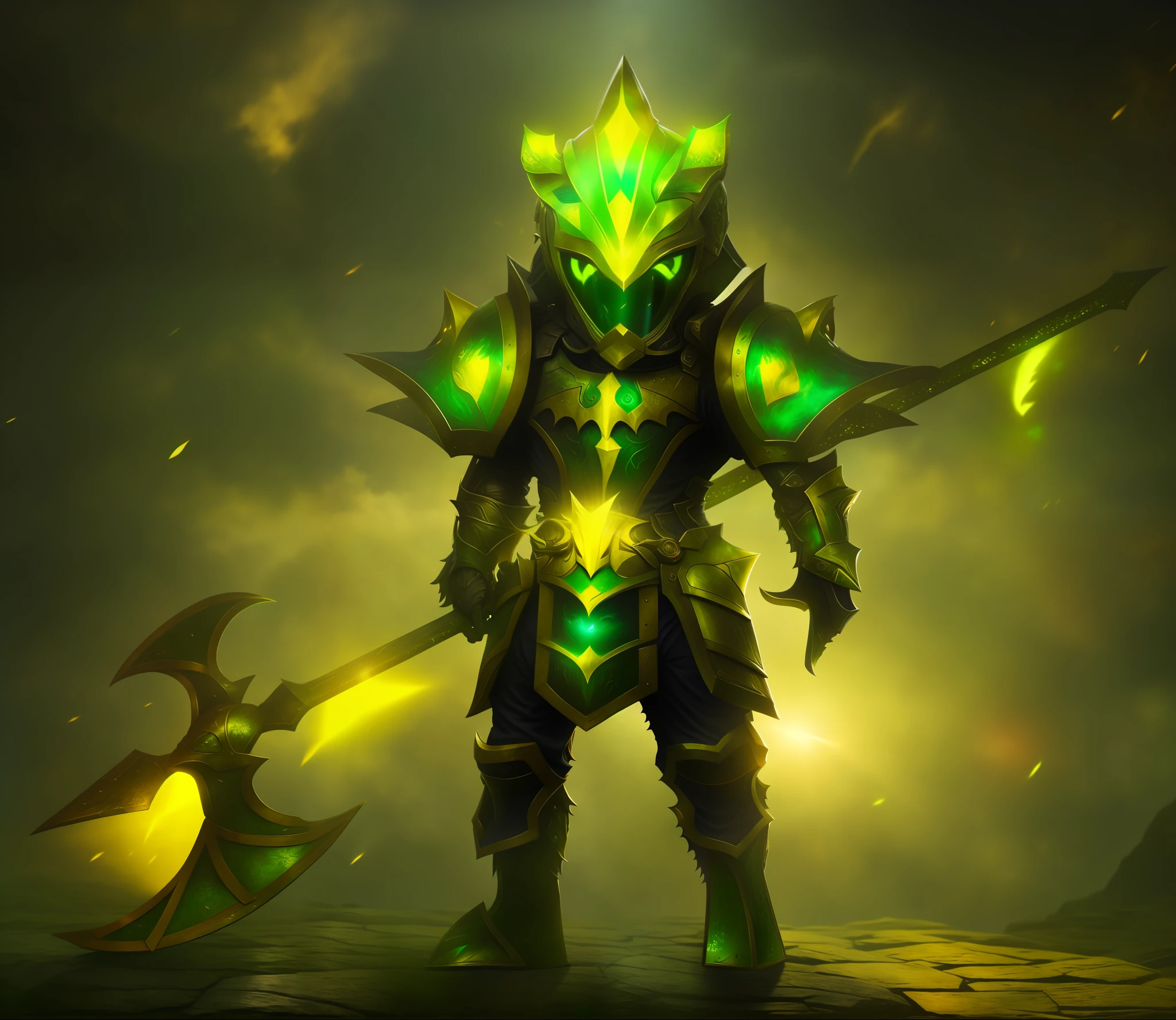 Dragon knight, eyes mouth and nose appearing, helmet open in front, green eyes, imposing, with yellow rays background, green and yellow armor, best quality, 8k, masterpiece:1.3