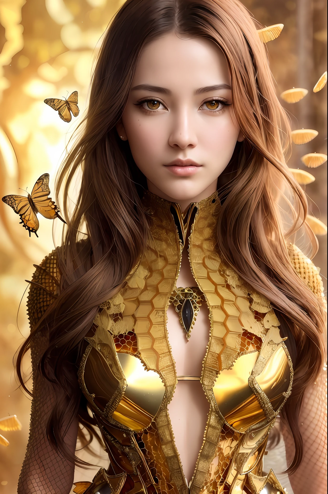 8k portrait of beautiful cyborg with brown hair, intricate, elegant, highly detailed, majestic, digital photography, art by artgerm and ruan jia and greg rutkowski surreal painting gold butterfly filigree, broken glass, (masterpiece, sidelighting, finely detailed beautiful eyes: 1.2), hdr, (honeycomb hole:1.2) , big breasts, (micro dress honeycomb texture skin:1.2)