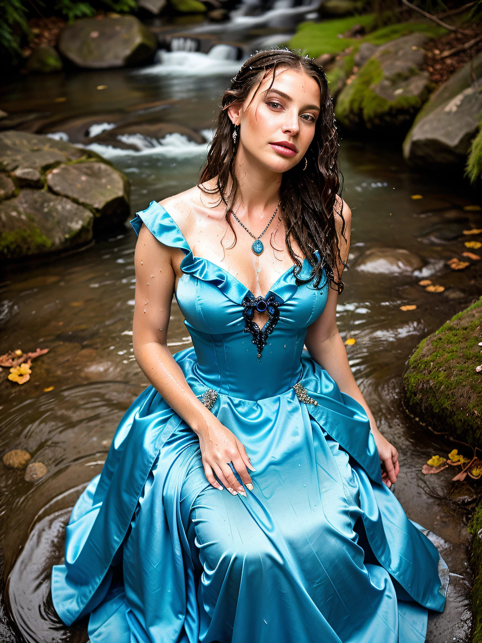 arafed princess in a blue satin ballgown and high heels sitting in a stream, girl wears a blue ballgown with a hoopskirt, long satin gloves, sapphire necklace, tiara, and earrings, wearing a flowing dress, beautiful maiden, flowing dress, flowing gown, beautiful fantasy maiden, fantasy photoshoot, sparkling in the flowing creek, wearing a blue dress, dressed in a beautiful, fantasy ballgown, fantasy beautiful, wearing a magnificent dress, wet hair (((drenched))) (((soaked))) (((disheveled))) (((clinging)))