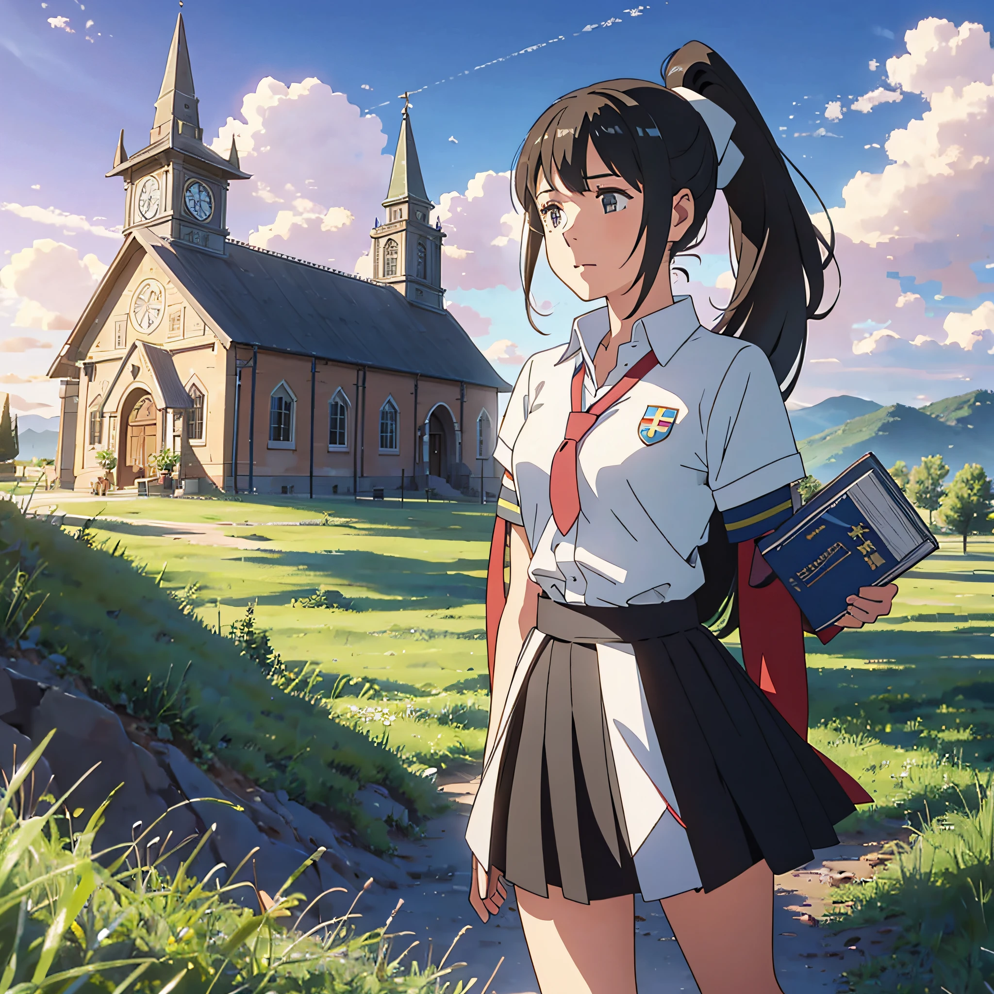 On the left is the church, on the right is the steppe, and the girl runs from right to left on the grass holding a textbook, with her head bowed, her ponytail and her skirt --auto --s2