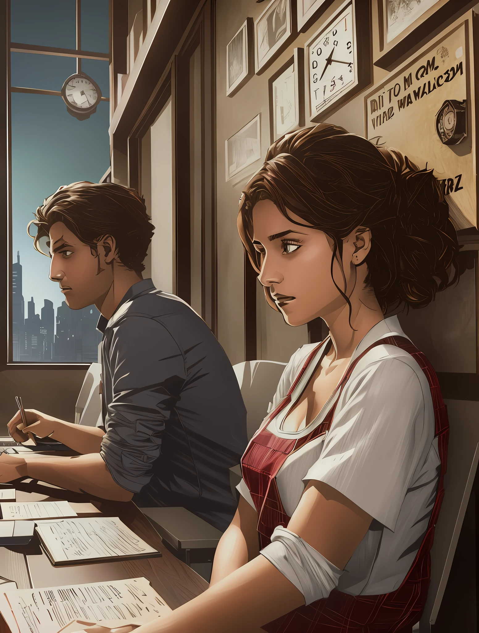 There are two people sitting at a table with a laptop, realistic art style, stylized urban fantasy art, marvel art style, detailed game art illustration, digital anime illustration, game illustration, Martin Ansin art portrait, promotional art, beautiful digital illustration, comic book art, dark, dark