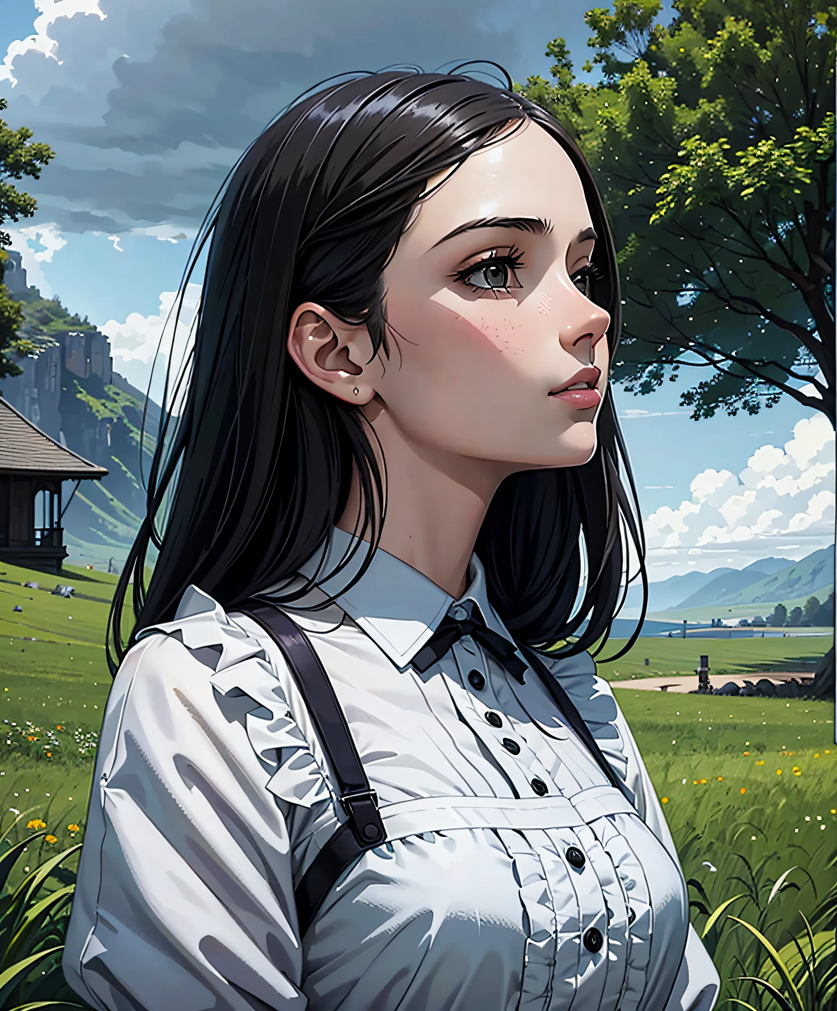Portrait of beautiful girl, overcast sky background, lush landscape illustration, concept art, maid, pinterest, art station, lou ll art