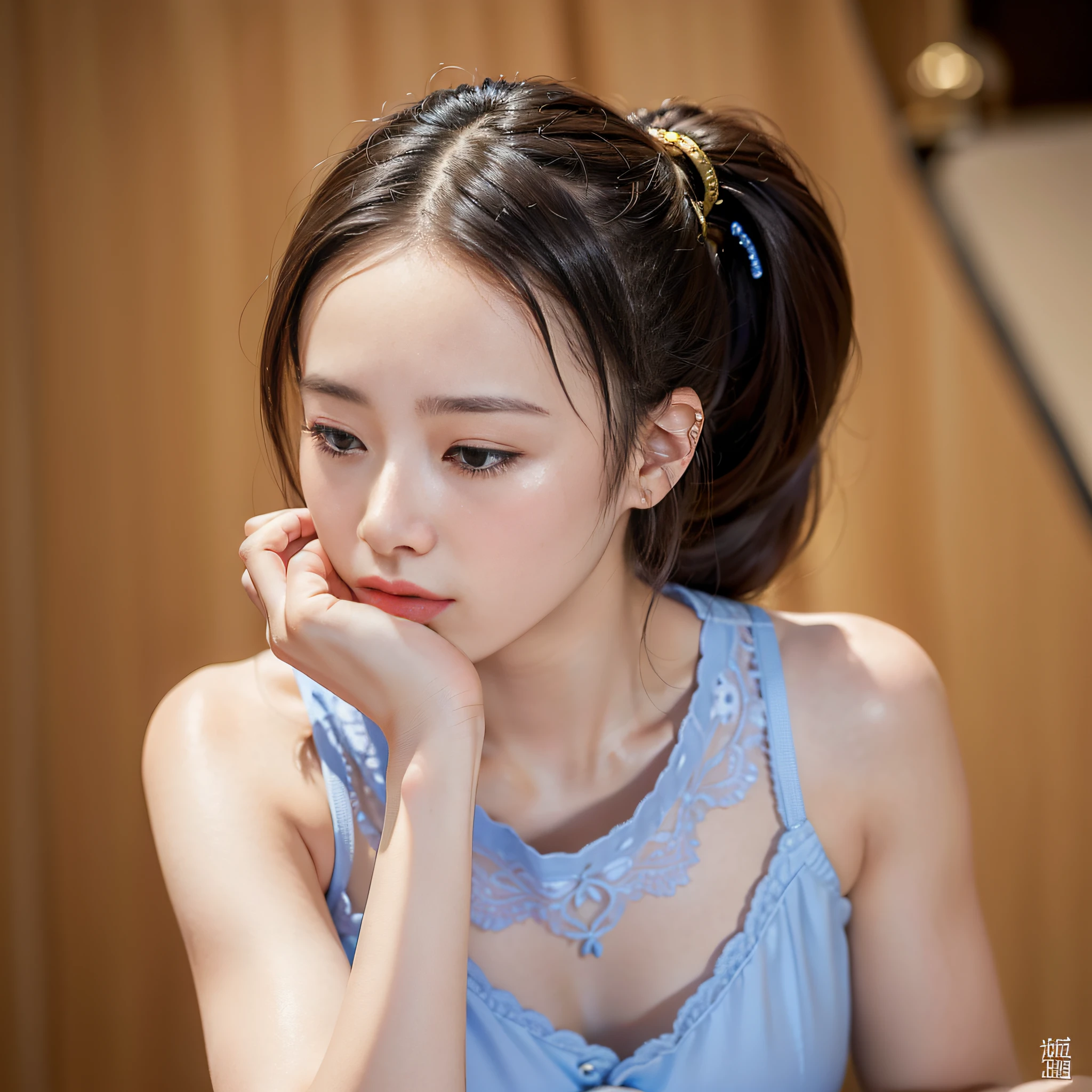 masterpiece, hyper realism, high resolution, professional photo of 1girl, upper body, playing (将棋:1.2), formal fashion, (The female participant in the将棋 tournament places her right hand on her forehead, lost in thought, contemplating her next move.:1.2)