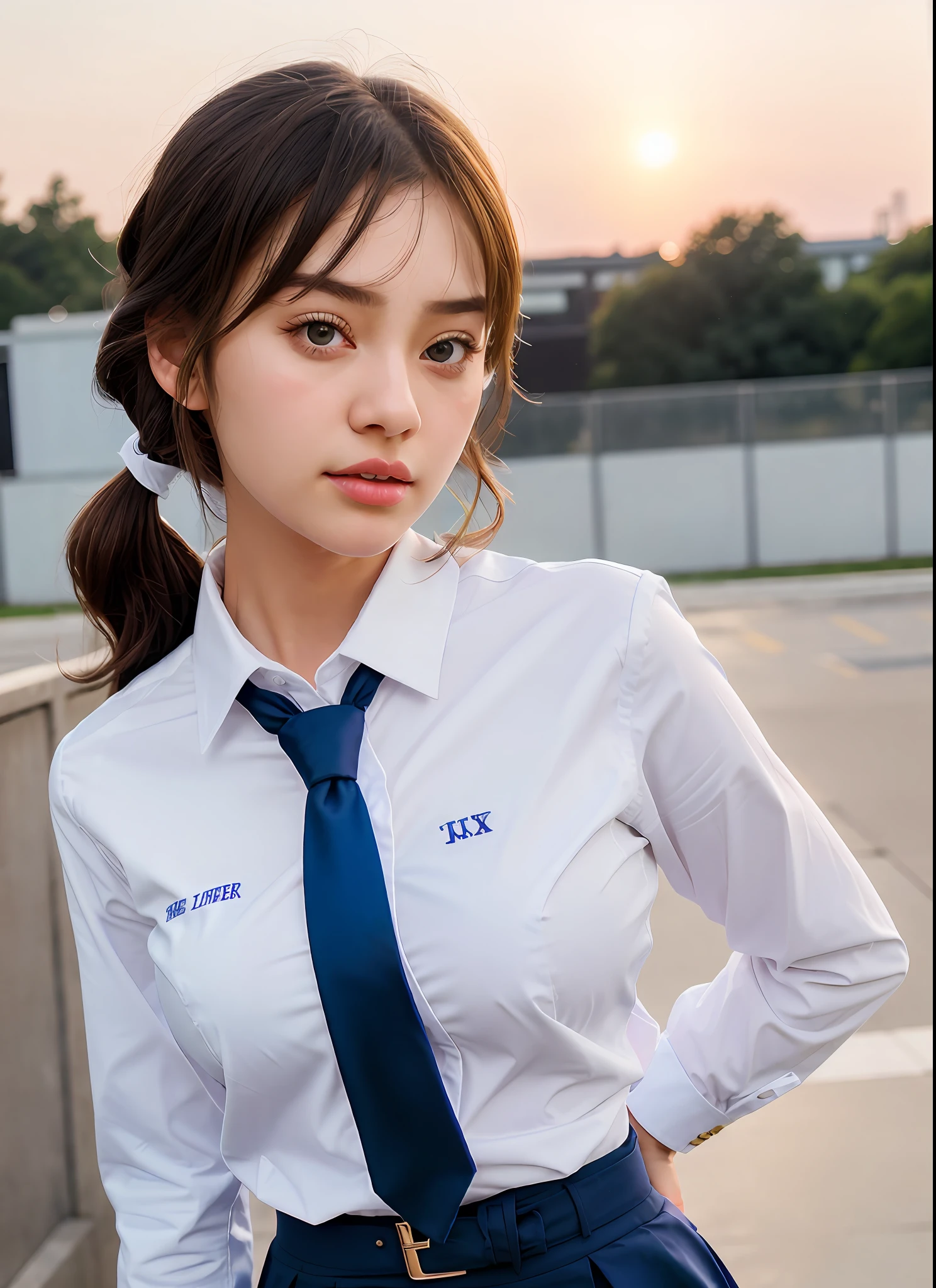 there is a woman wearing a white shirt and blue tie, girl wearing uniform, jk uniform, school uniform, wearing school uniform, girl school uniform, wearing school uniform, girl, wearing in shirt, magical school student uniform, wearing a school uniform, ulzzang, hyperrealistic schoolgirl, a hyperrealistic schoolgirl