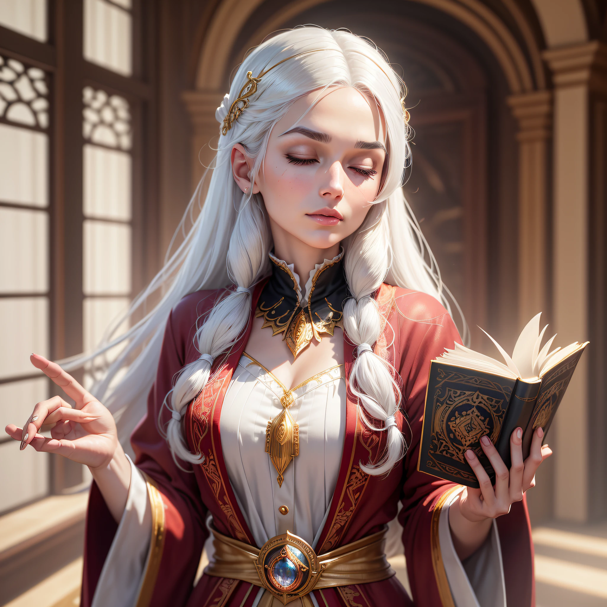 Ultra realistic, 4K. A modest adult woman with straight white hair that goes down to just below the waist. White eyebrows and an angelic face. She wears formal tailoring clothes underneath a red robe with gold accents and adorning gemstones. Eyes closed, gaze contemplative, holding a magical book with one hand. --auto --s2