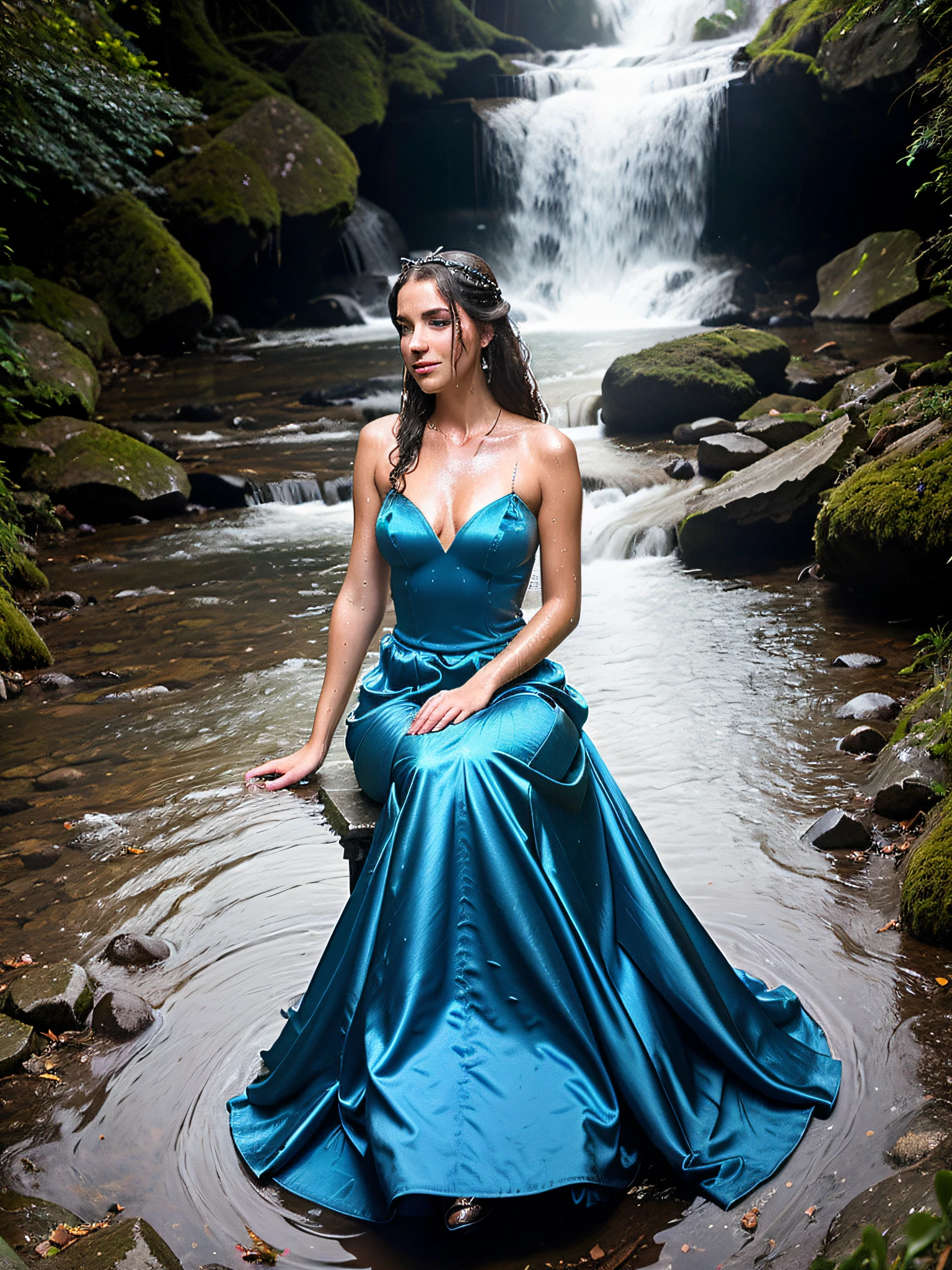 arafed (princess in a blue satin ballgown and high heels sitting in a stream), girl wears a blue ballgown with a hoopskirt, (long satin gloves), sapphire necklace, (tiara), and earrings, wearing a full-skirted ballgown, beautiful maiden, flowing gown, beautiful fantasy maiden, fantasy photoshoot, sparkling in the flowing creek, wearing a blue ballgown, dressed in a beautiful, fantasy ballgown, fantasy beautiful, wearing a magnificent ballgown, wet hair (((drenched))) (((soaked))) (((disheveled))) (((clinging)))