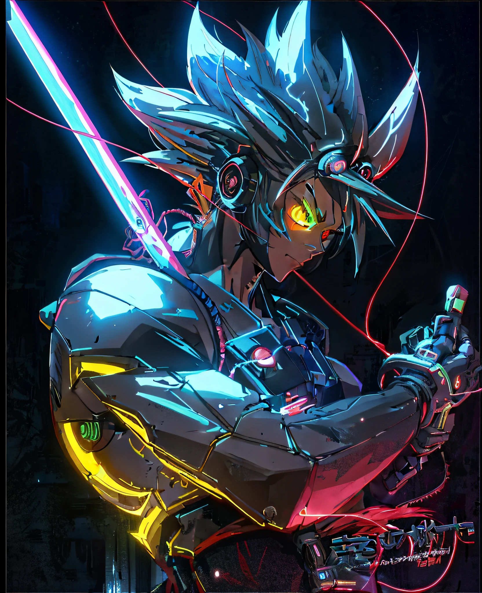 anime character with a sword and glowing eyes in a dark room, digital cyberpunk anime art, digital cyberpunk - anime art, badass anime 8 k, anime cyberpunk art, cyberpunk art style, neon samurai, anime style 4 k, cyberpunk artstyle, cyberpunk anime art, striking detailed artstyle, cyber space cowboy, futuristic art style, very beautiful cyberpunk samurai --auto --s2